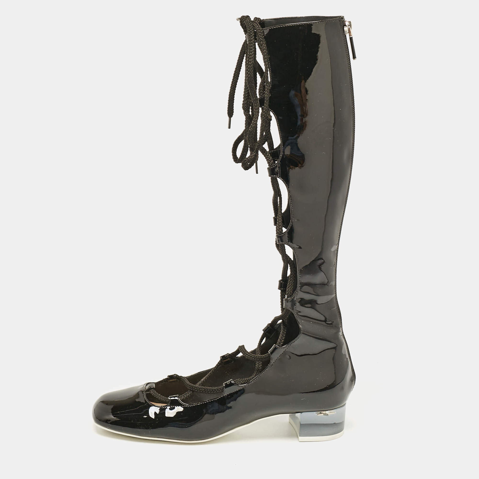 Pre Owned Dior Black Patent Leather Lace Up Knee Length Boots Size 37.5
