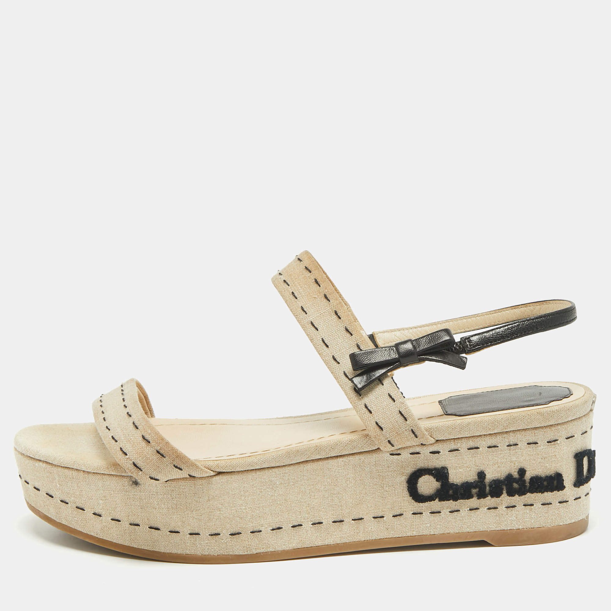 Dior Beige/Black Canvas and Leather Platform Wedge Sandals Size 38