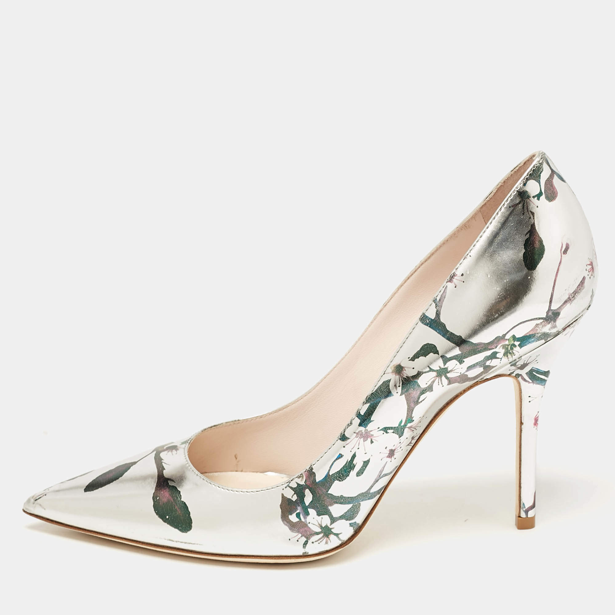 مملوكة مسبقًا Dior Silver Floral Printed Leather Cherie Pumps Size 37.5