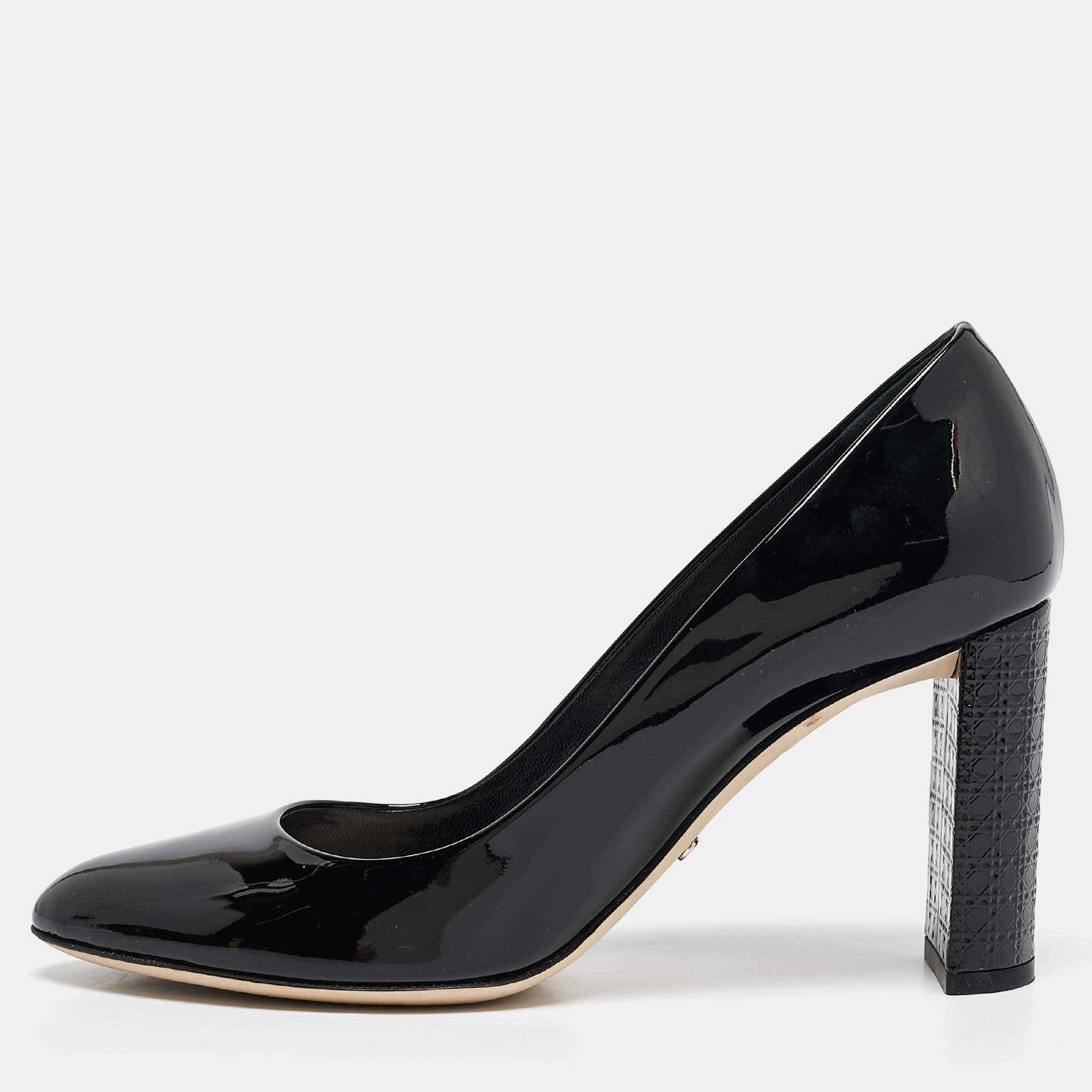 Pre Owned Dior Black Patent Leather Cannage Block Heel Pumps Size 37.5