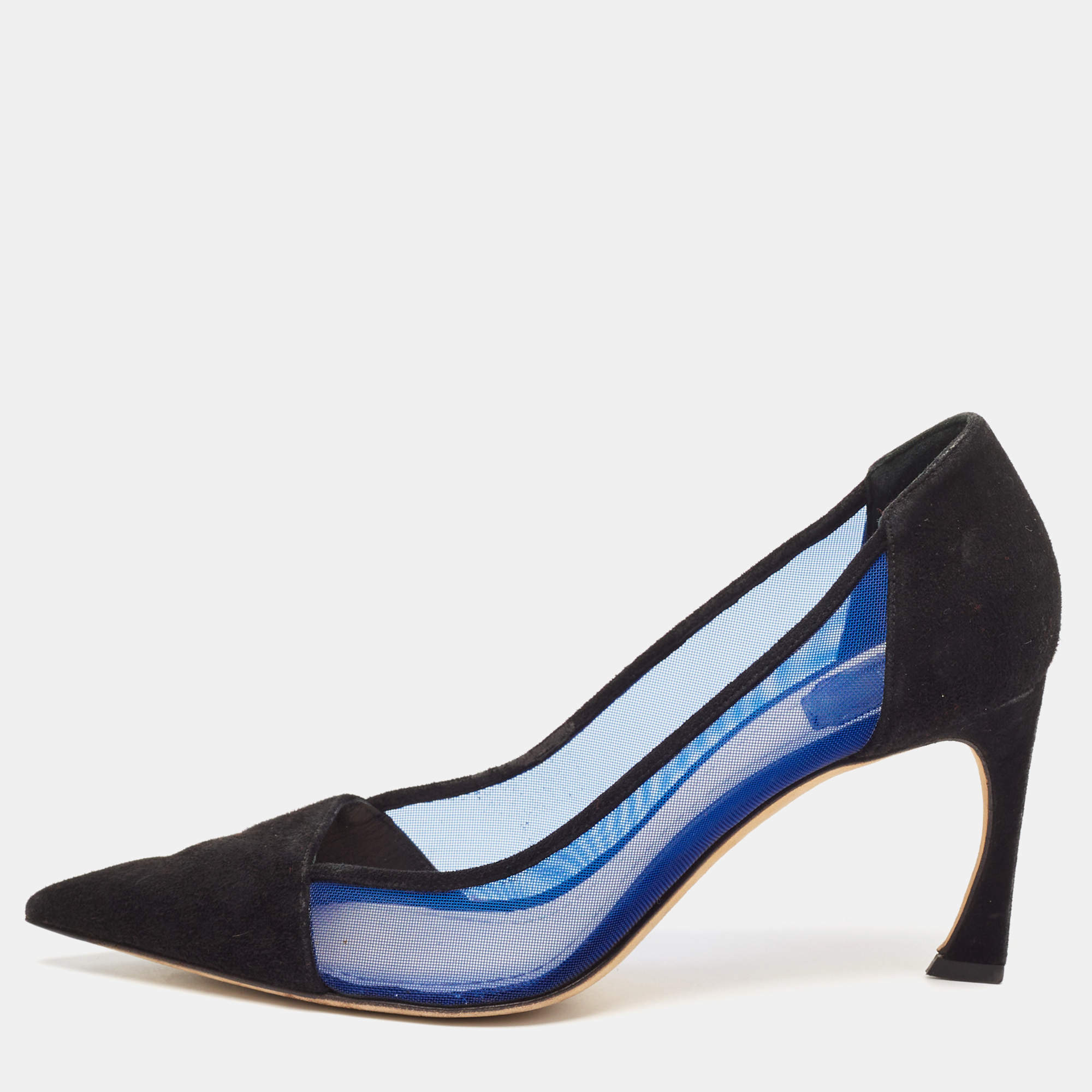 Pre Owned Dior Black/Blue Mesh and Suede Pointed Toe Pumps Size 37.5