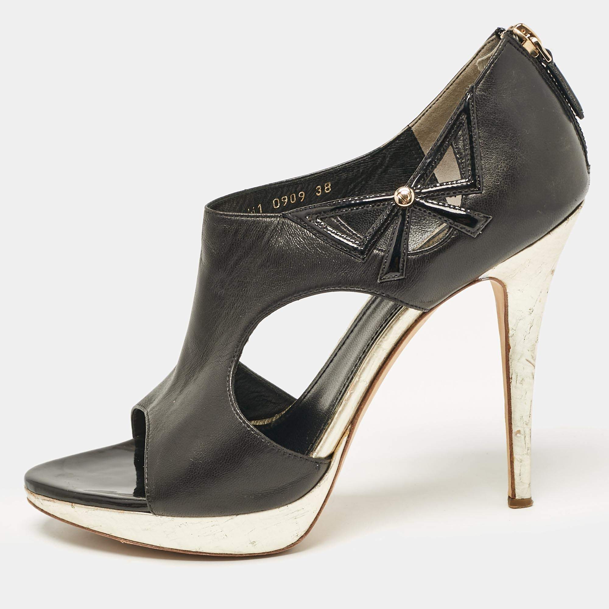 Pre Owned Dior Black/Gold Leather Bow Cut Out Platform Pumps Size 38