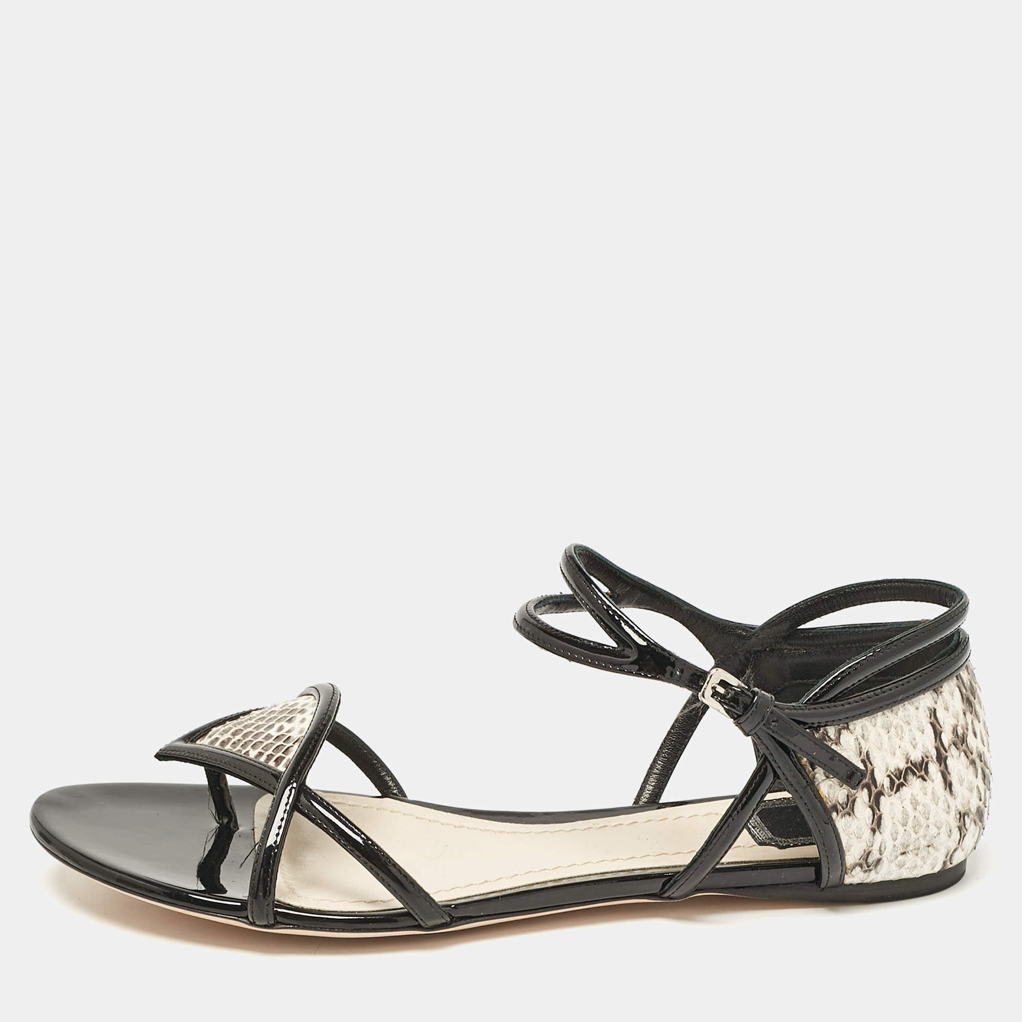 Dior Beige/Black Python and Patent Leather Venus Flat Sandals Size 40