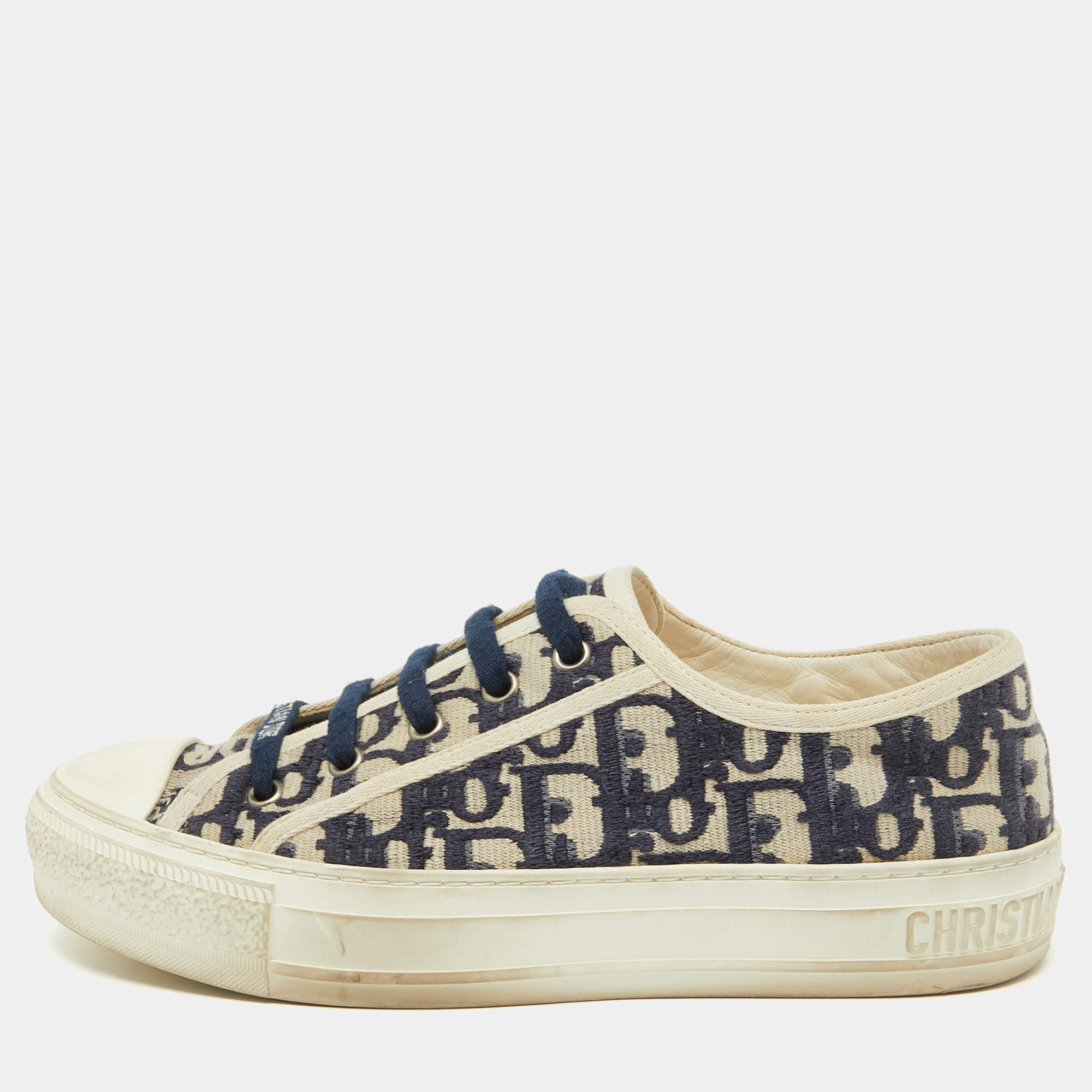 Pre Owned Dior Navy Blue/White Oblique Canvas Walk'n'Dior Low Top Sneakers Size 37.5