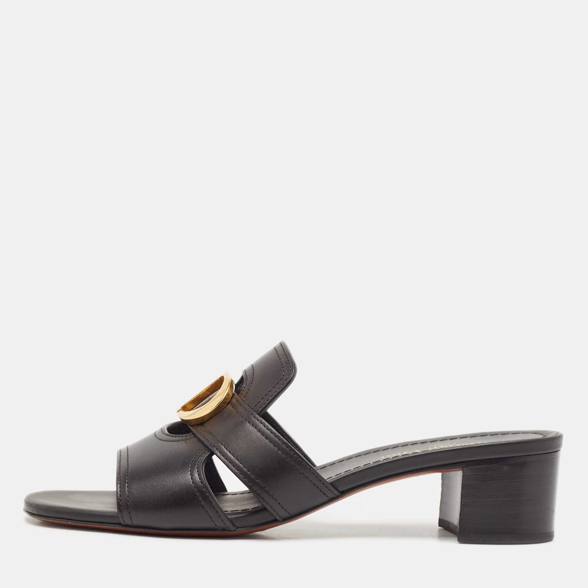 Dior Black Leather 30 Montaigne Block Heel Slide Sandals Size 40