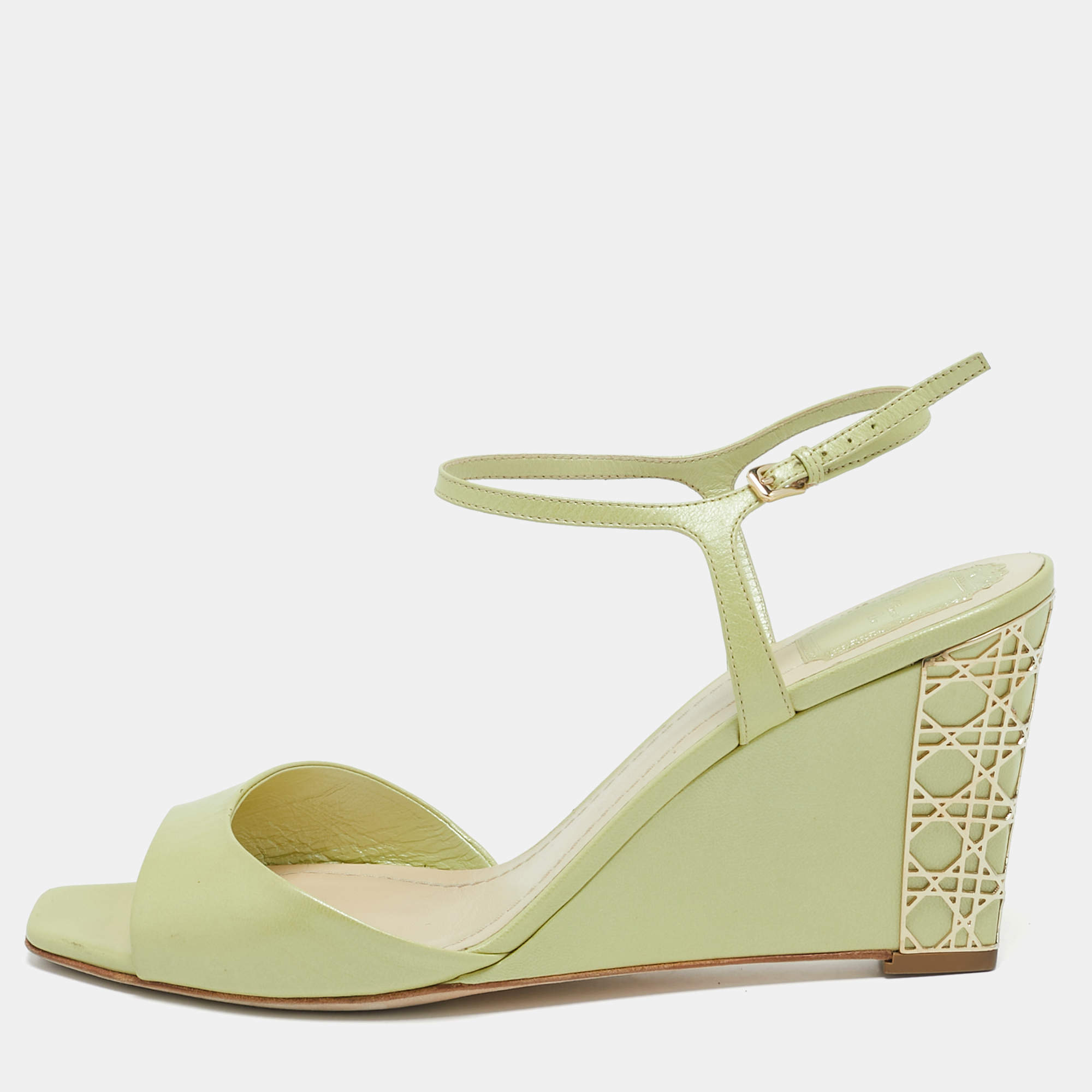 Dior Light Green Leather Cannage Wedge Ankle Strap Sandals Size 41