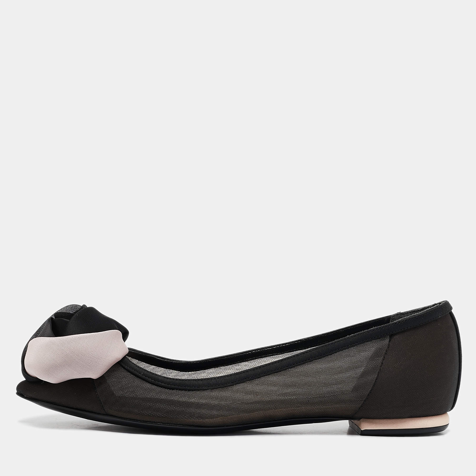 Pre Owned Dior Black/Beige Chiffon and Satin Garden Ballet Flats Size 35