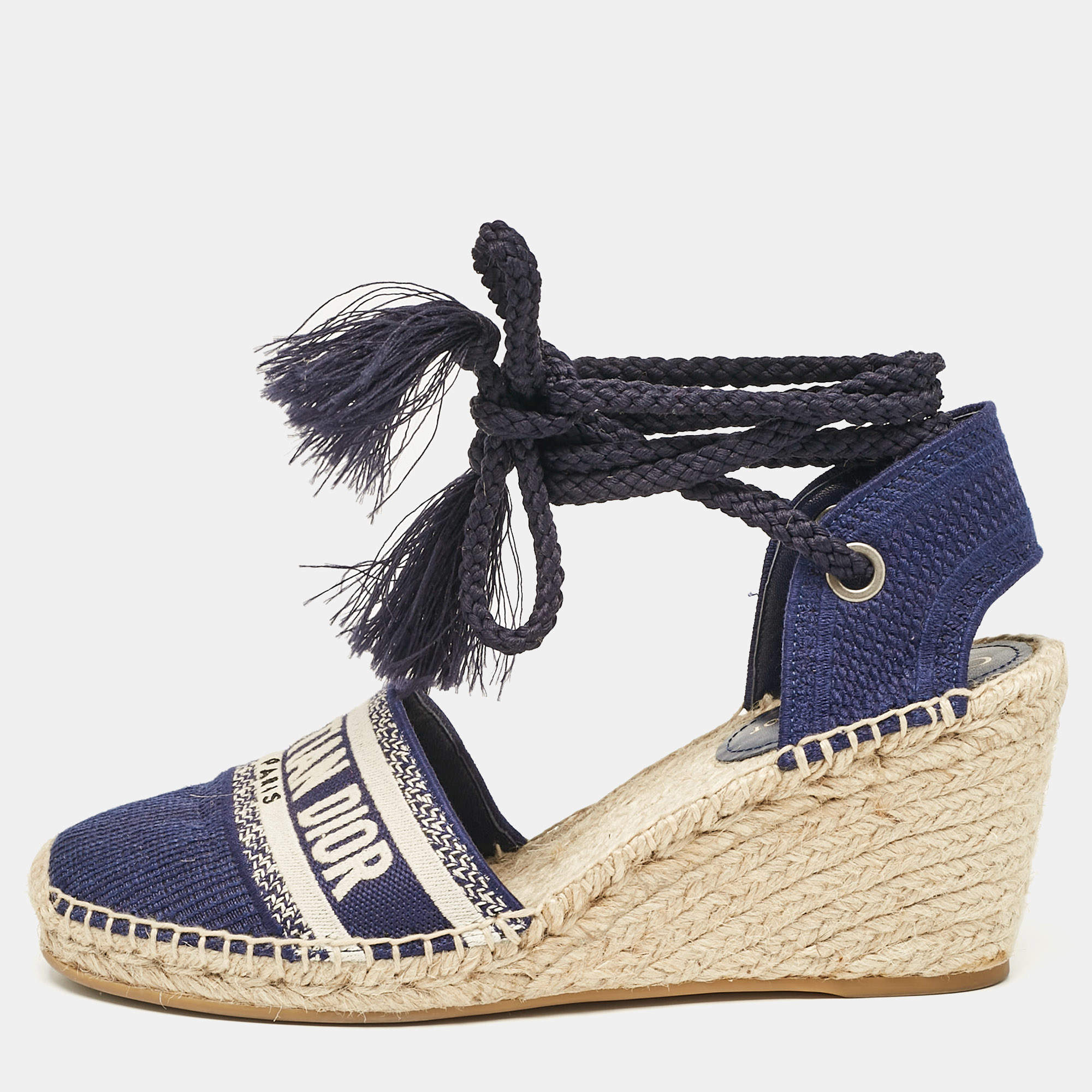 Dior Navy Blue Canvas and Knit Fabric Granville Wedge Sandals Size 41