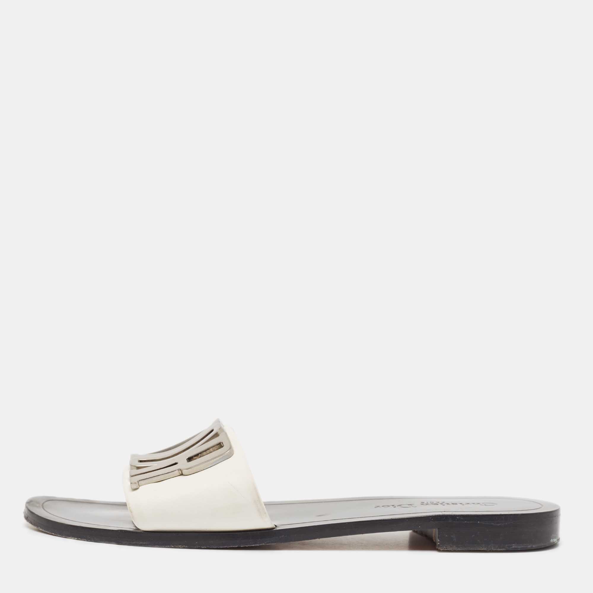 Pre Owned Dior White/Black Leather Diorevolution Slide Flats Size 42