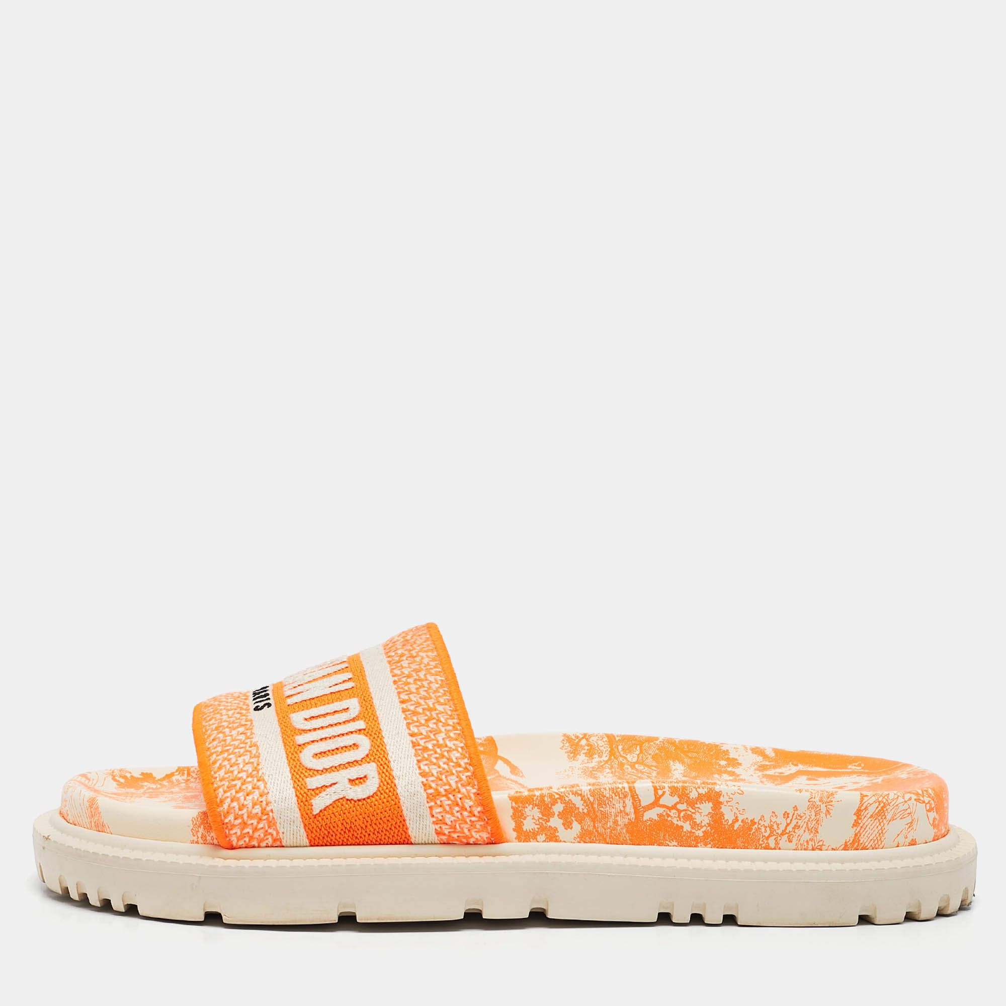Dior Orange/White Embroidered Canvas Dway Flat Slides Size 37