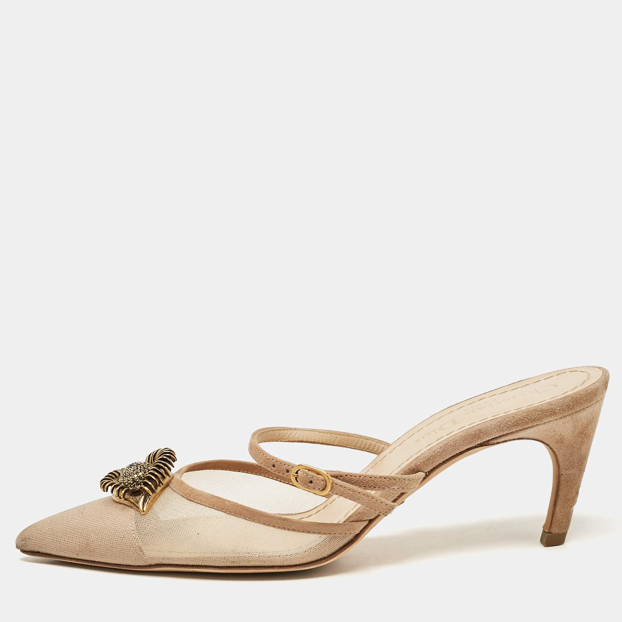 Dior Beige Suede and Mesh Surreal D Eye Mules Size 36
