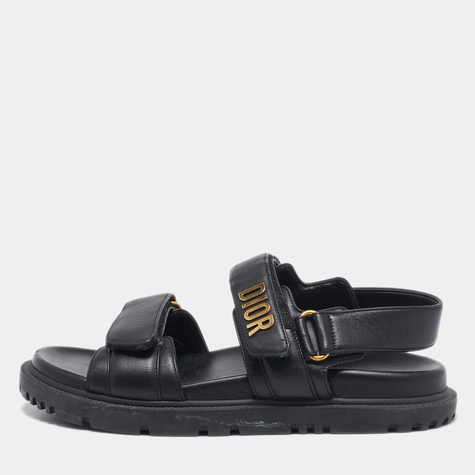 Pre Owned Dior Black Leather DiorAct Flat Sandals Size 37.5