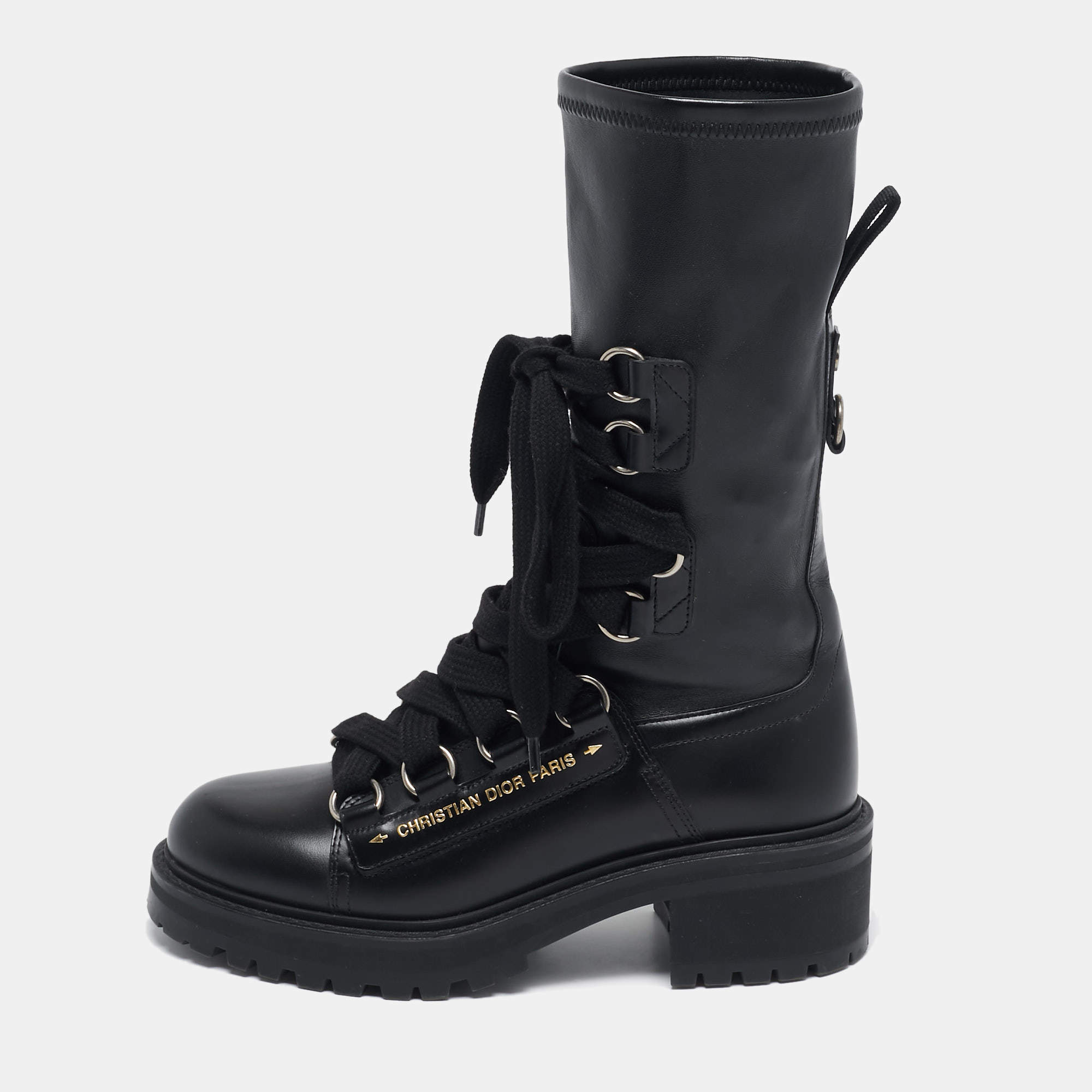 Dior Black Leather Ankle Length D-Fight Boots Size 38