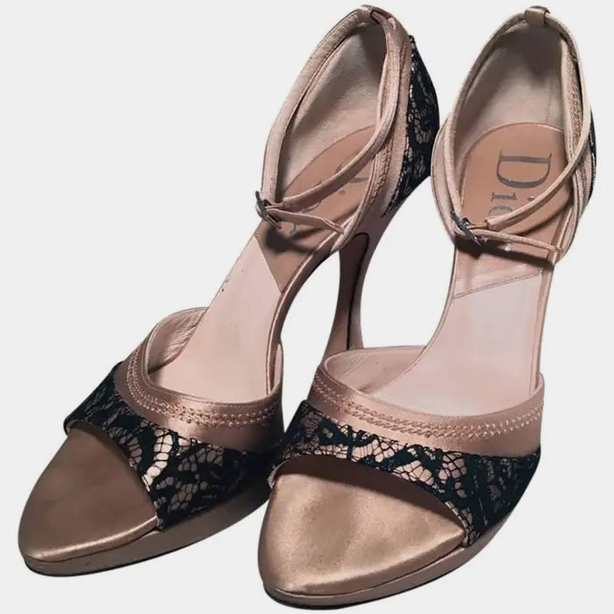 Christian Dior Blush Satin And Black Lace High Heel Ankle Strap Shoes Size 7