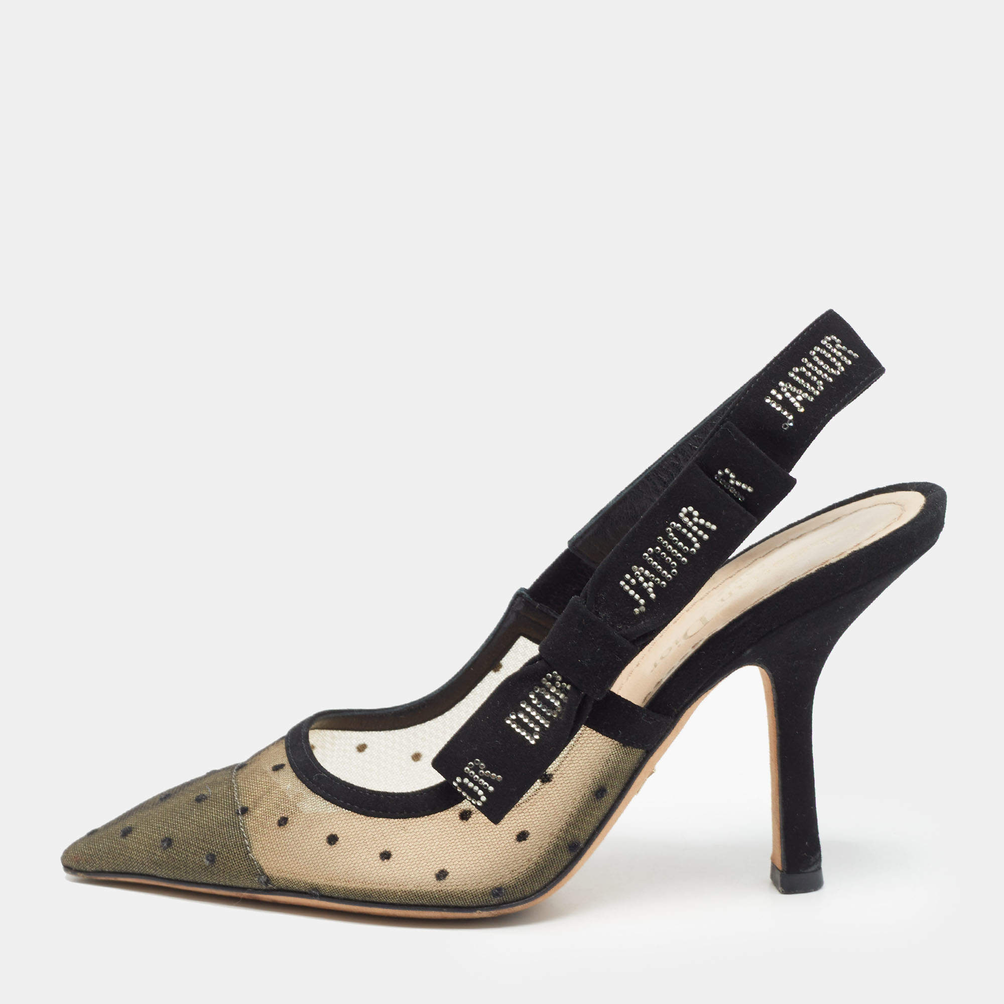 Pre Owned Dior Black/Beige Polka Dot Mesh and Suede J'adior Slingback Pumps Size 36