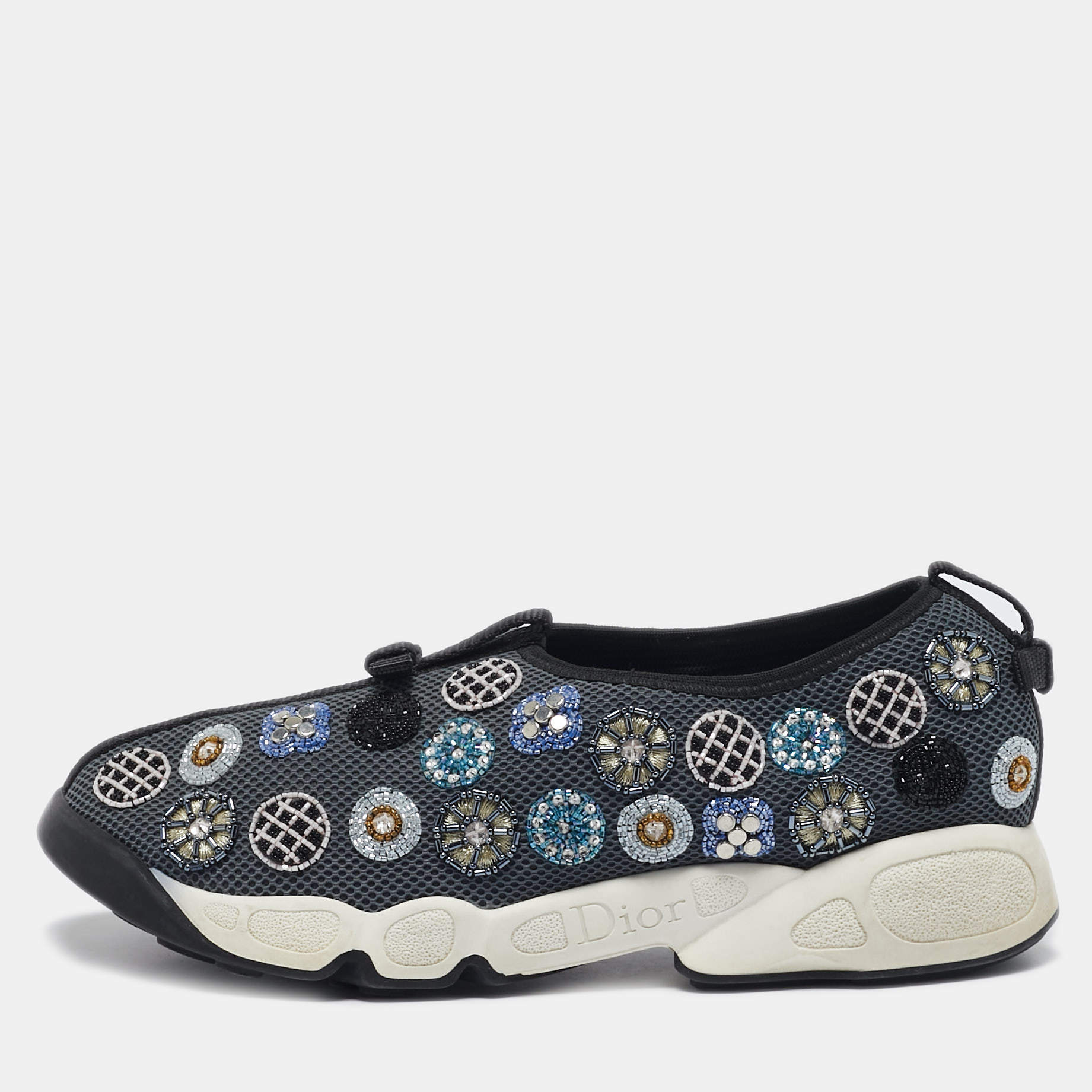 Dior Grey Mesh Crystal Embellished Fusion Slip On Sneakers Size 38.5