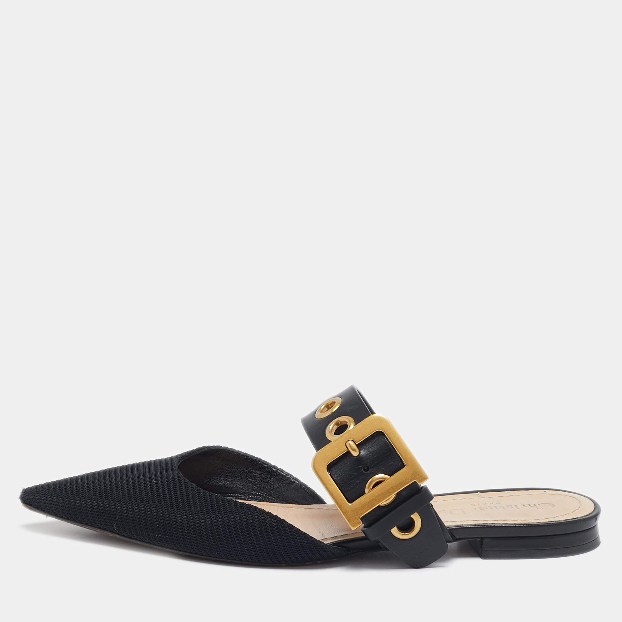 Dior Black Canvas and Leather D-Dior Flat Mules Size 38.5
