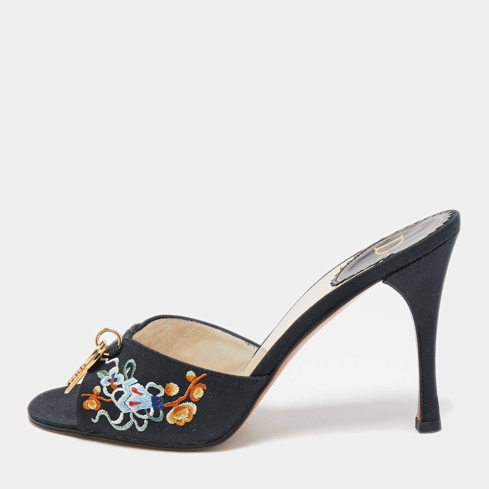 Pre Owned Dior Navy Blue Embroidered Canvas Lock And Key Slide Sandals Size 36.5