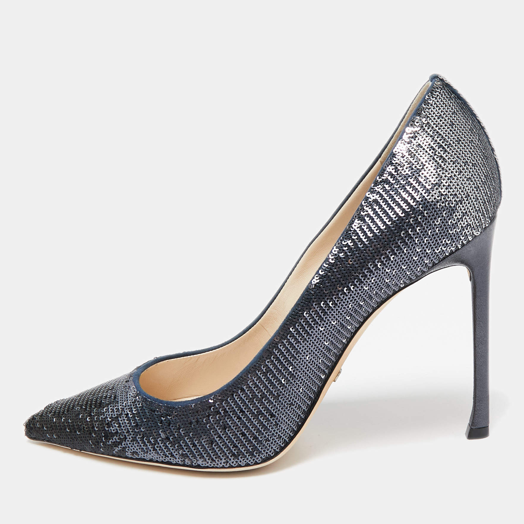 Pre Owned Dior Metallic Navy Blue Sequin Pointed Toe Pumps Size 39.5