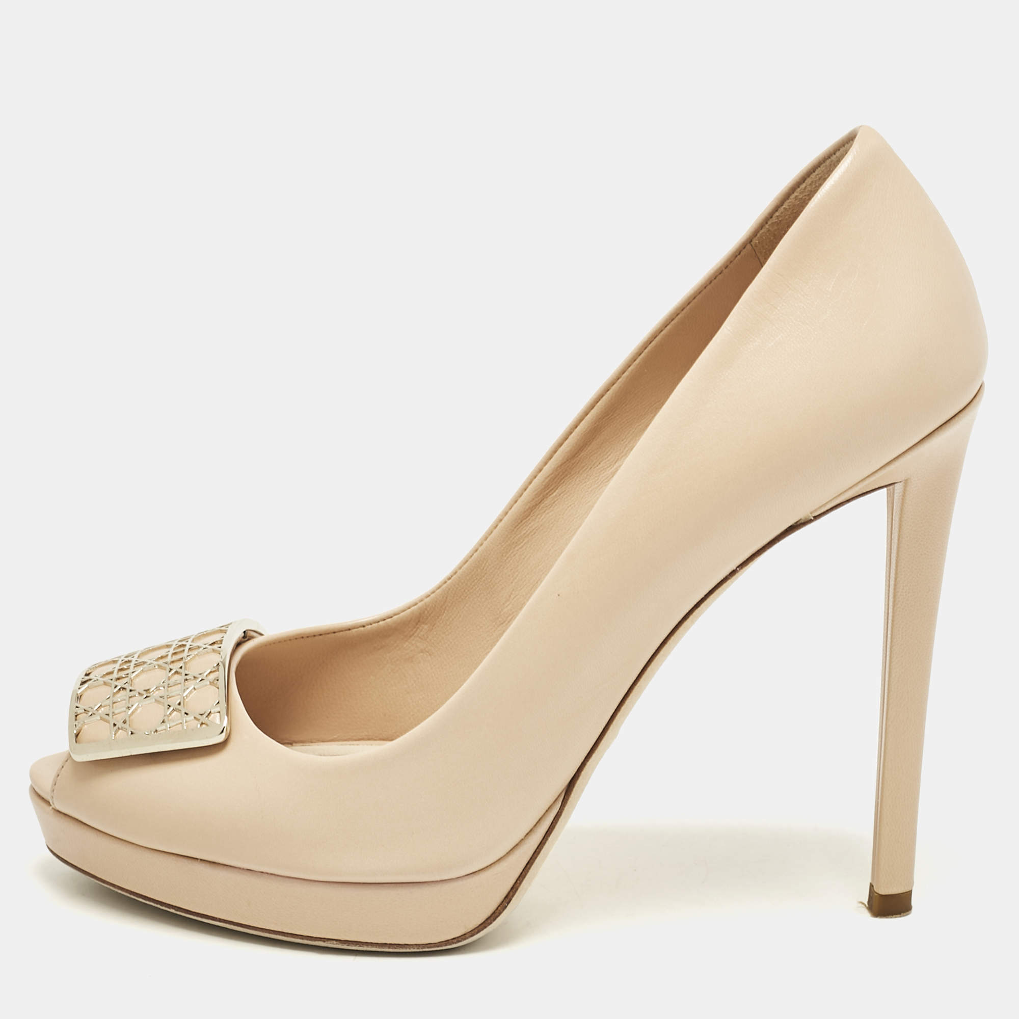 Dior Beige Leather Cannage Plaque Peep Toe Platform Pumps Size 38