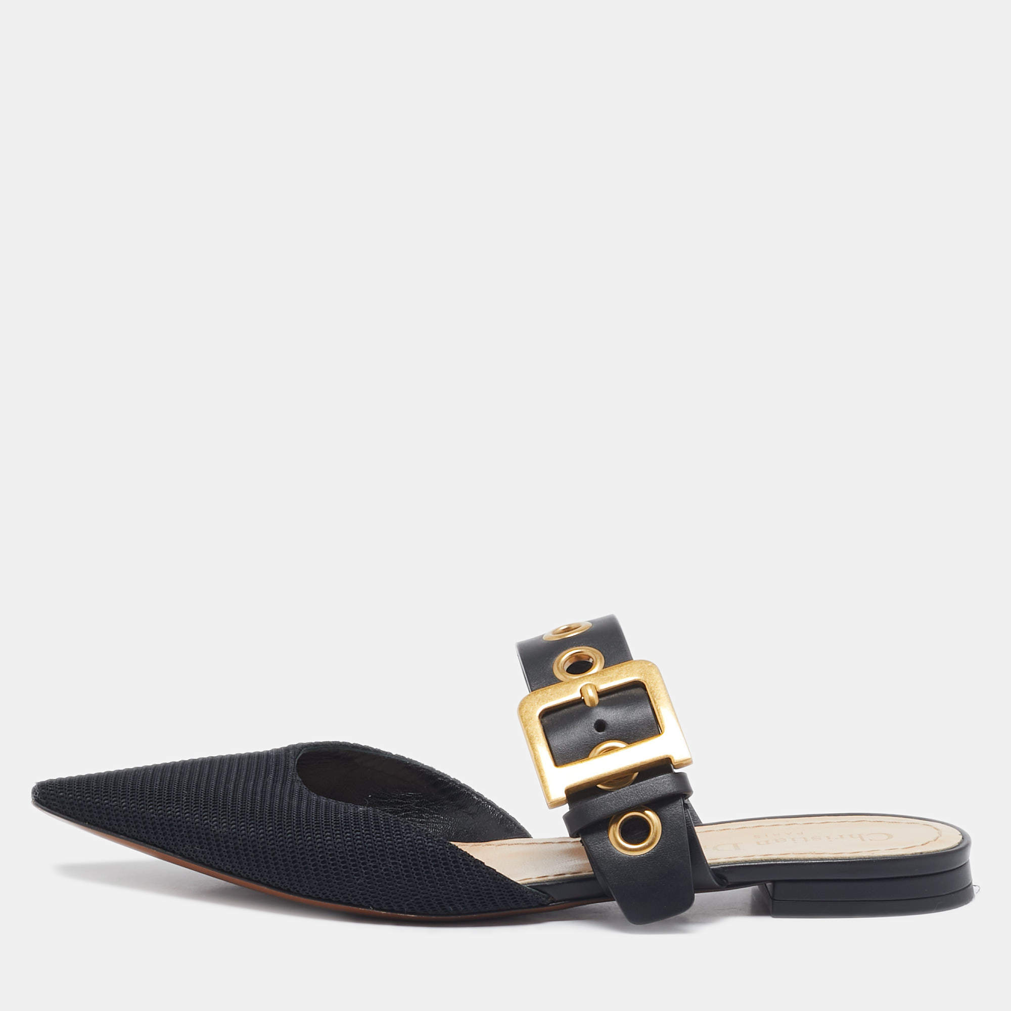 Dior Black Technical Fabric and Leather D-Dior Flat Mules Size 37.5