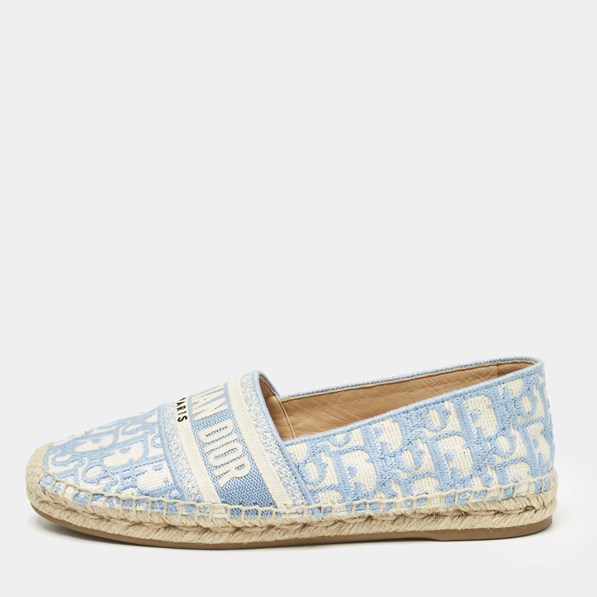 Dior Light Blue/White Oblique Canvas Granville Espadrille Flats Size 38