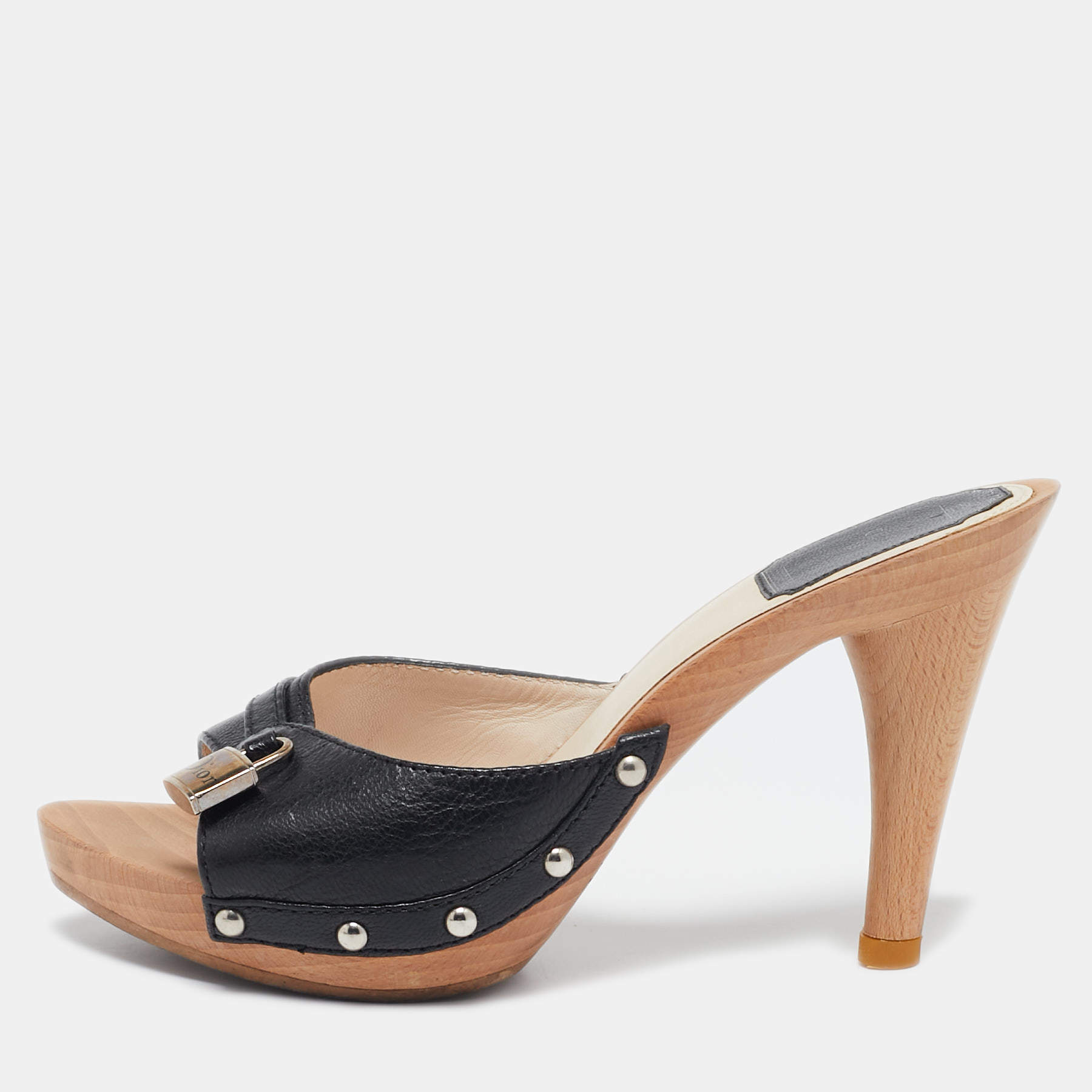 Dior Black Leather Lock Wooden Clog Slide Sandals Size 36
