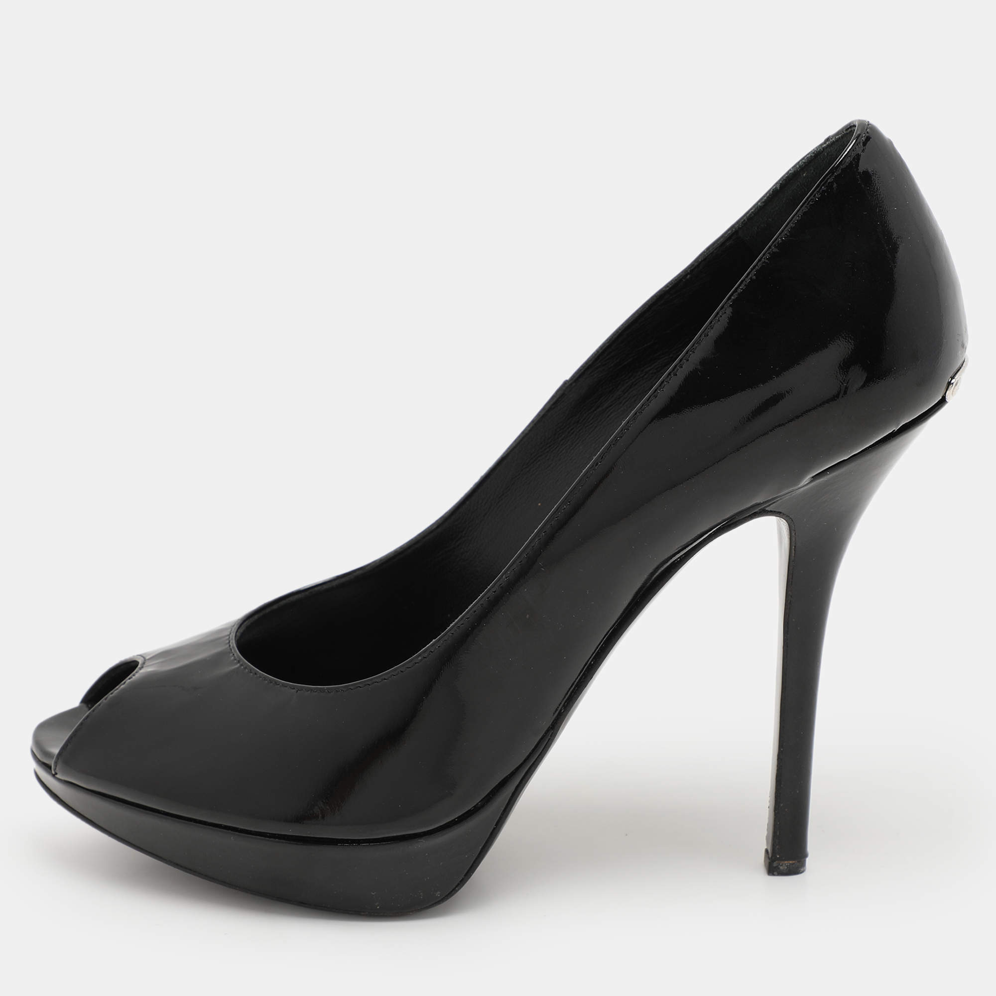 Pre Owned Dior Black Patent Leather Peep Toe Pumps Size 36.5