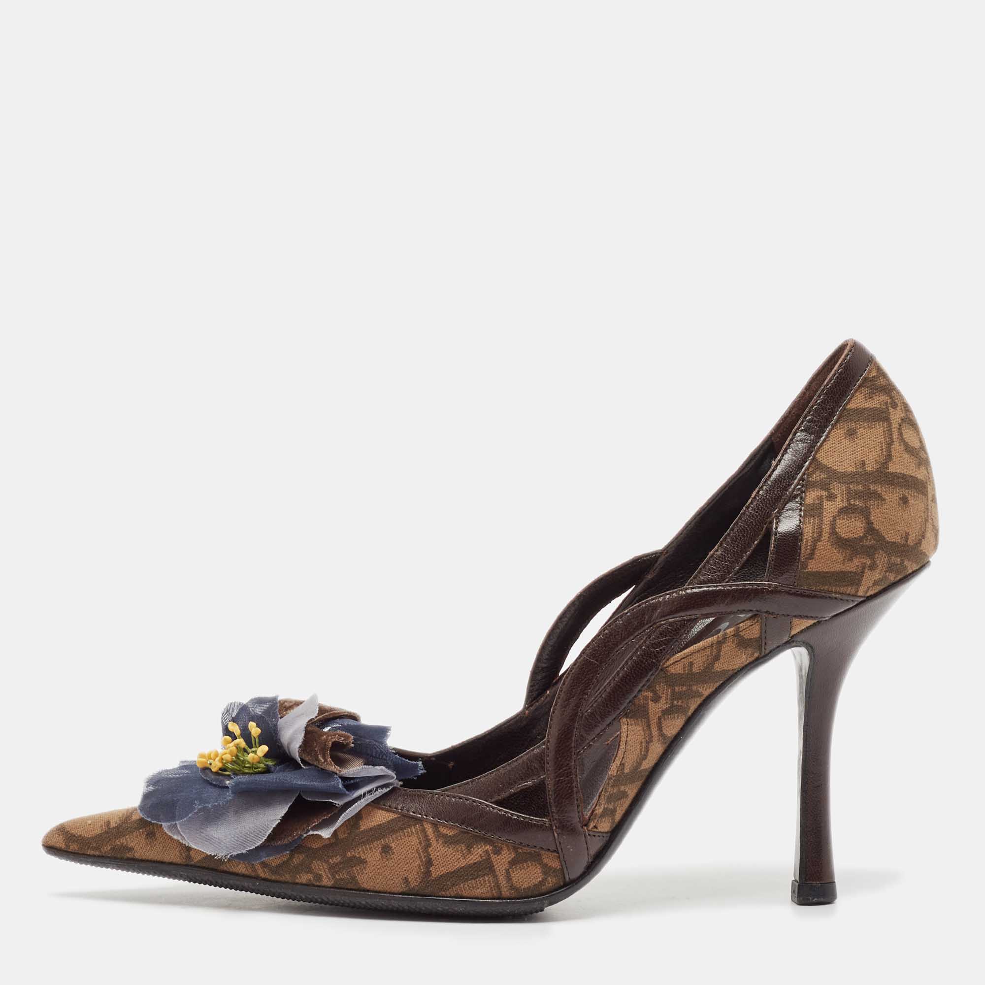 Dior Brown Oblique Canvas And Leather Floral Applique Pointed Toe Pumps Size 36