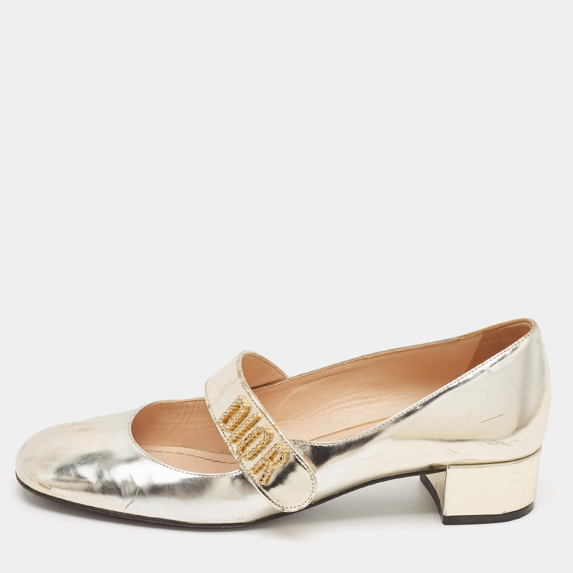 Pre Owned Dior Metallic Laminated Leather Baby-D Mary Jane Pumps Size 38.5