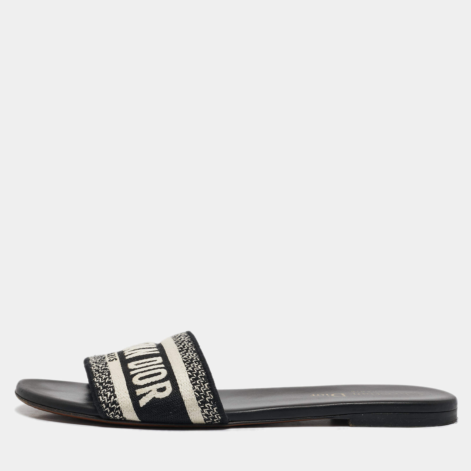 Dior Navy Blue/White Embroidered Canvas Dway Flat Slides Size 38