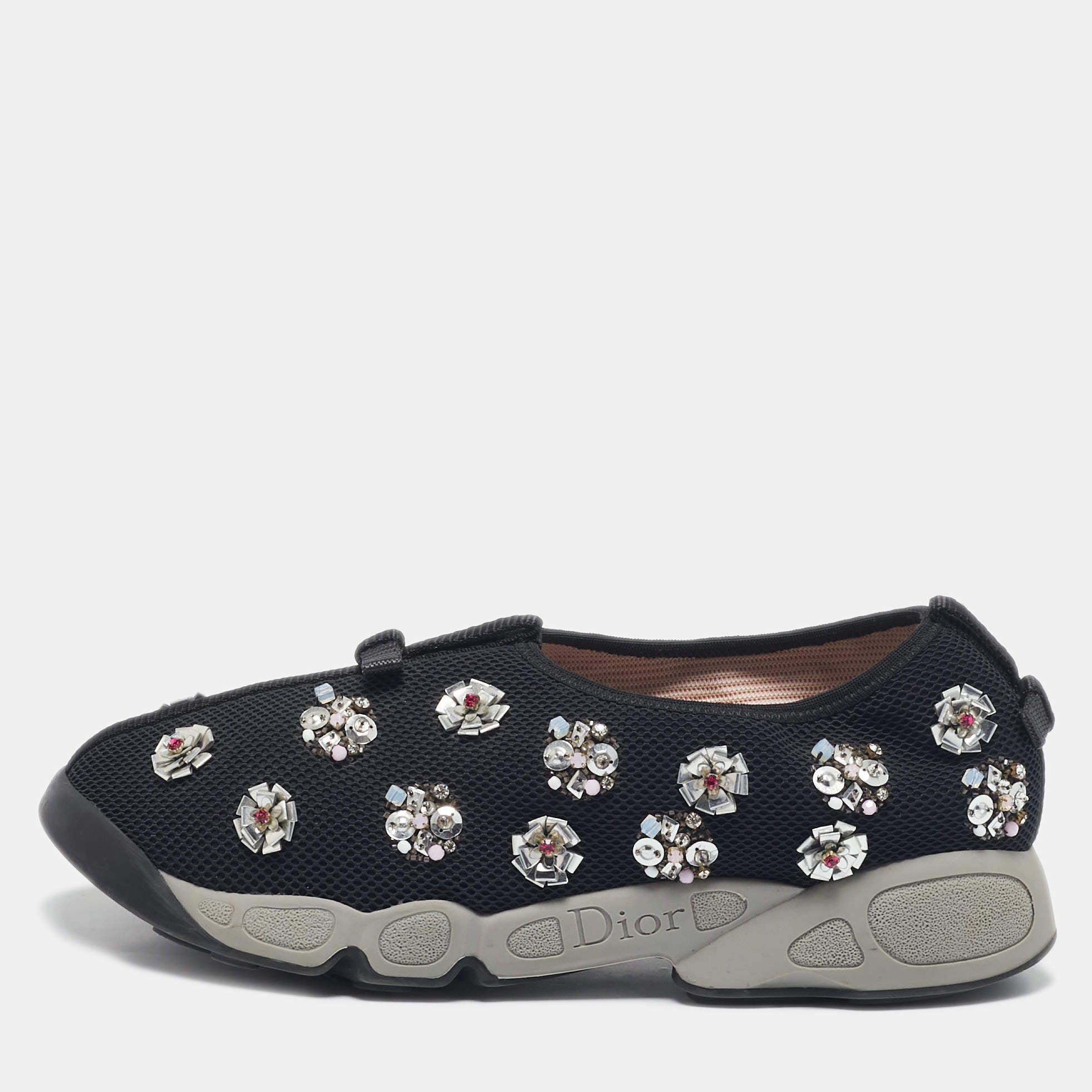 Dior Black Mesh Fusion Floral Embellished Slip On Sneakers Size 39