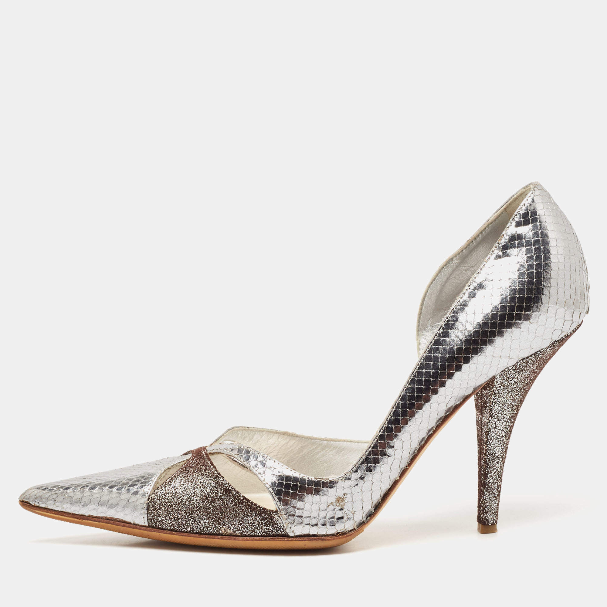Dior Silver/Brown Python Embossed Leather and Texture Suede Pumps Size 36.5