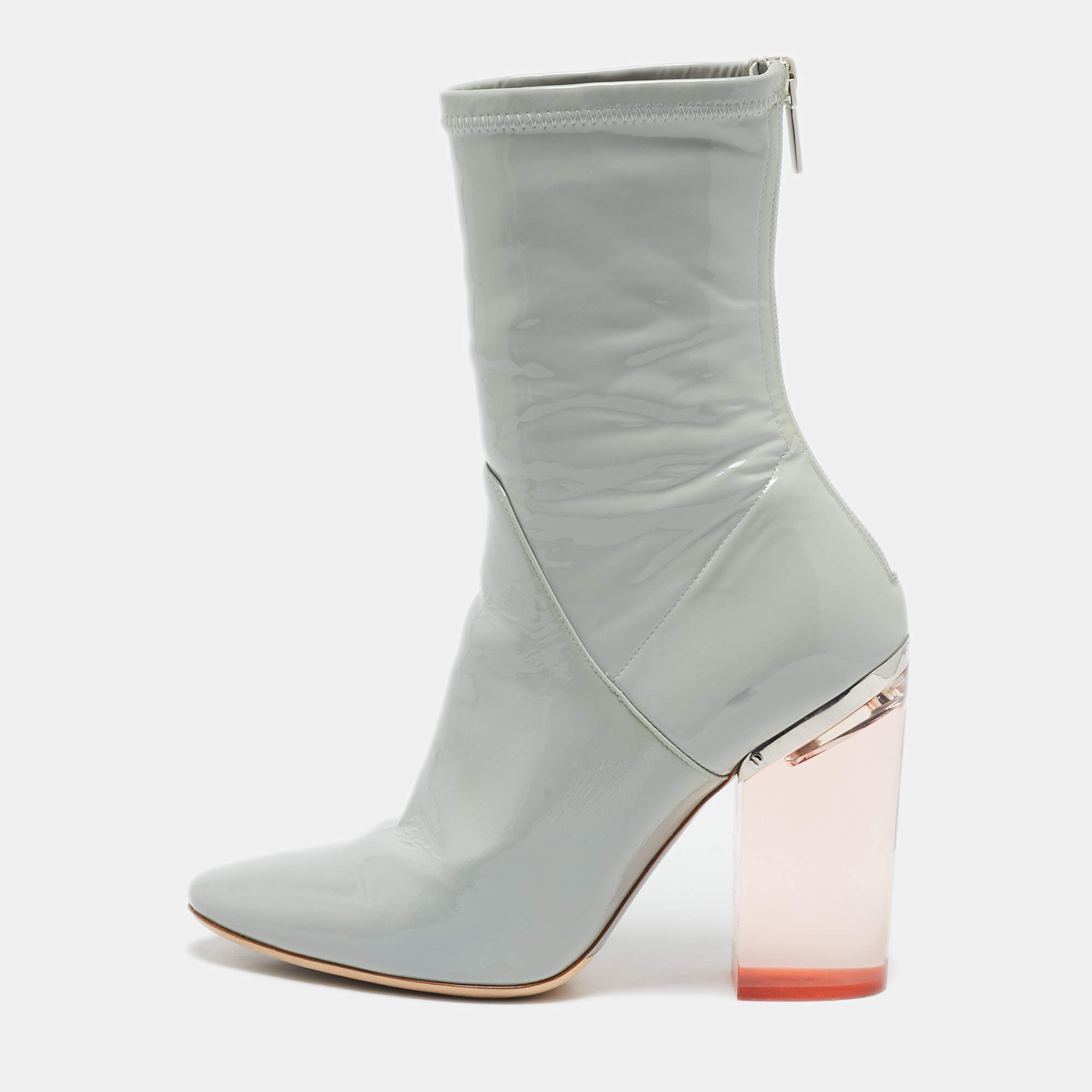 Pre Owned Dior Grey Patent Leather Clear Block Heel Mid Calf Boots Size 39