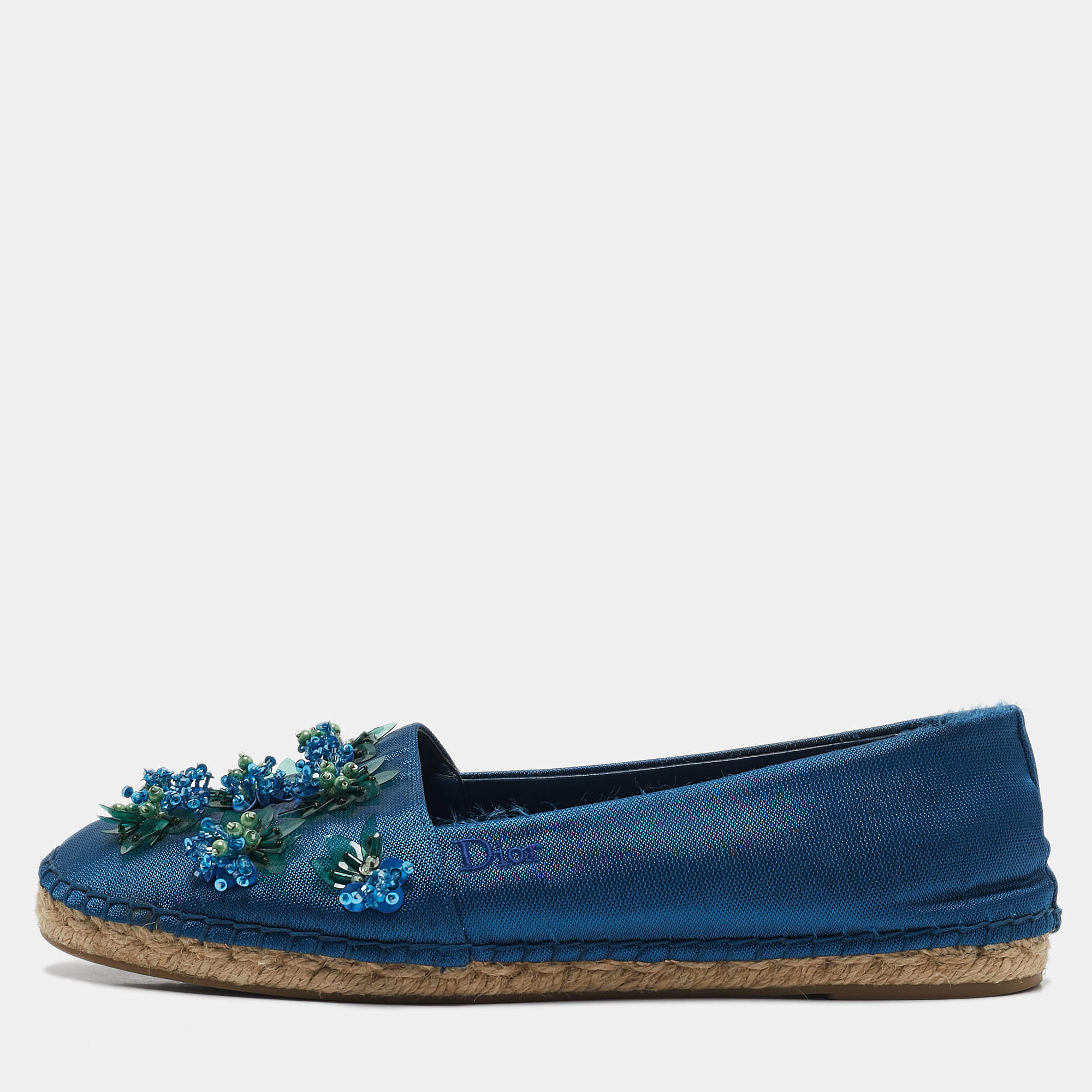 Dior Blue Canvas Flower Embellished Espadrille Flats Size 38