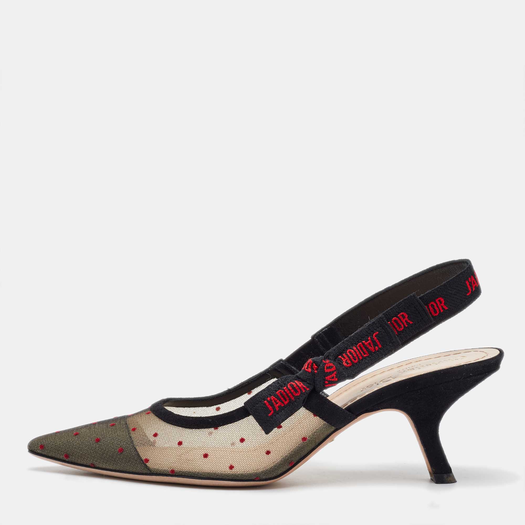 Dior Black Polka Dots Mesh and Suede J'adior Pointed Toe Slingback Sandals Size 39