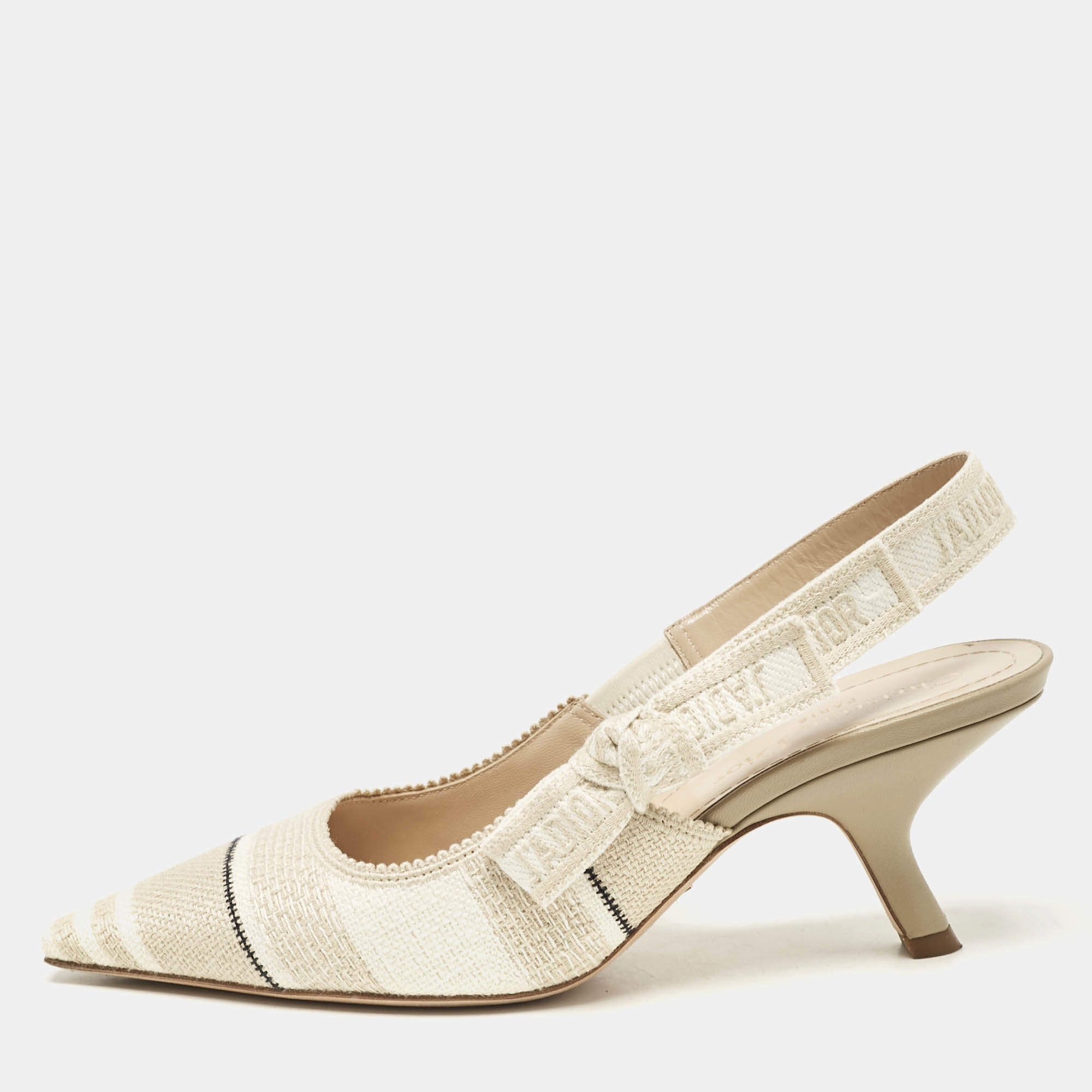 Pre Owned Dior Beige/White Canvas Striped Embroidered J'Adior Slingback Pumps Size 36