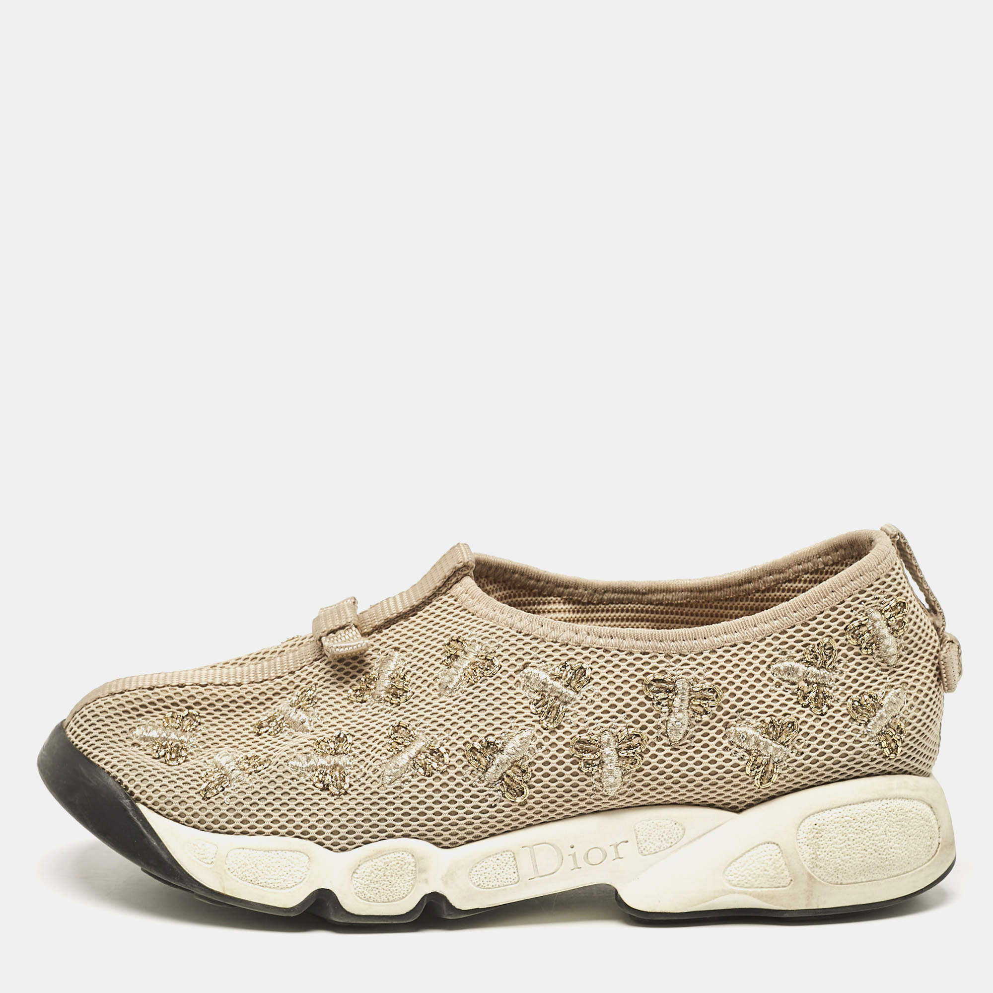 Dior Beige Mesh Beads Embellished/ Embroidery Fusion Sneakers Size 36