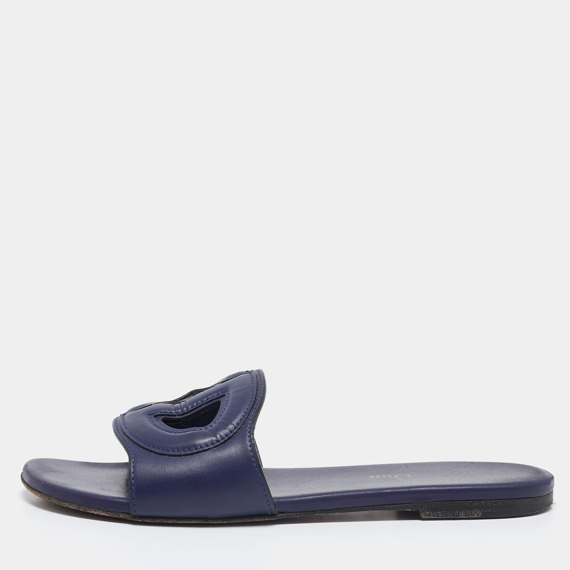 Dior Navy Blue Leather D Club Slide Flats Size 36