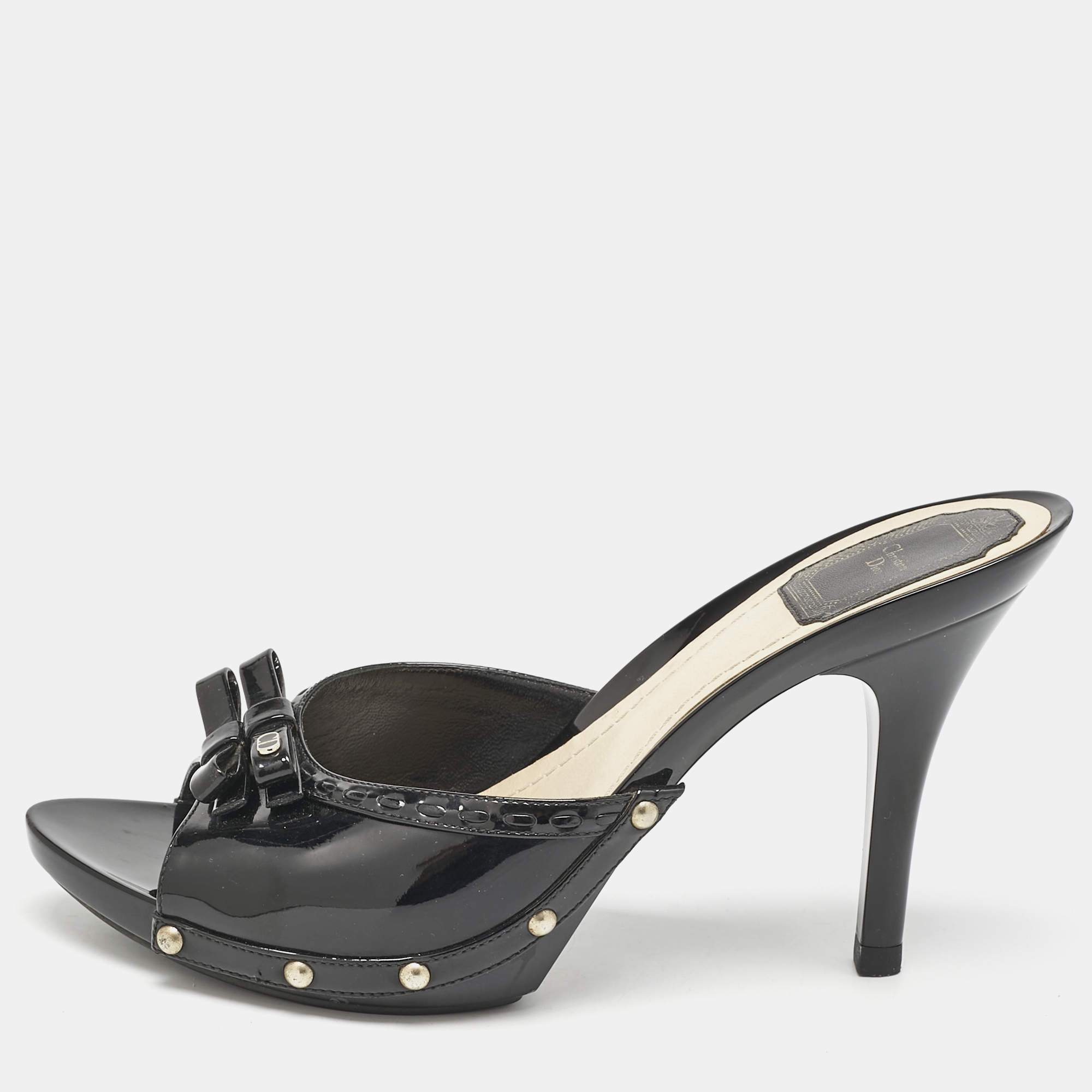 Dior Black Patent Leather Bow Slide Sandals Size 40