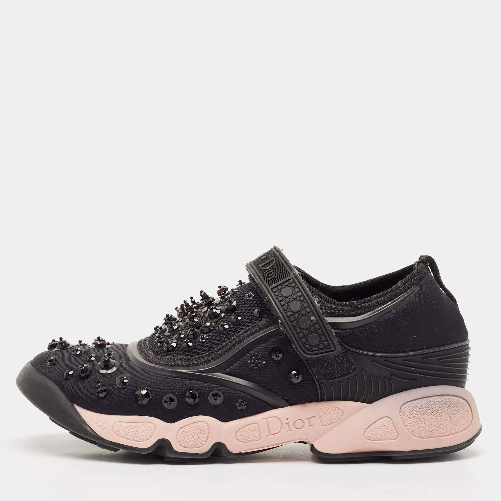 Dior Black Neoprene And Mesh Fusion Embellished Velcro Strap Sneakers Size 37.5