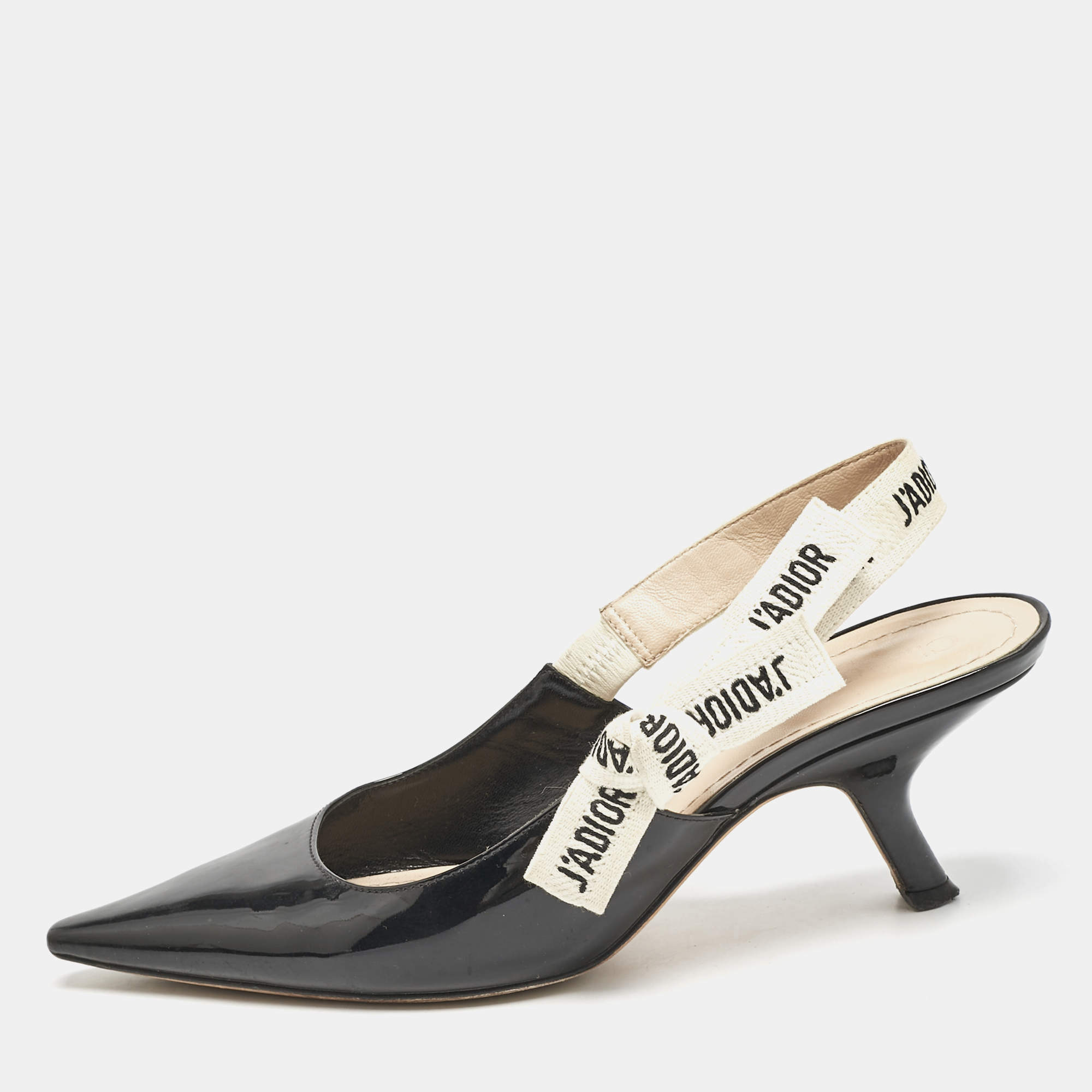 Dior Black Patent Leather J'adior Slingback Pumps Size 37.5