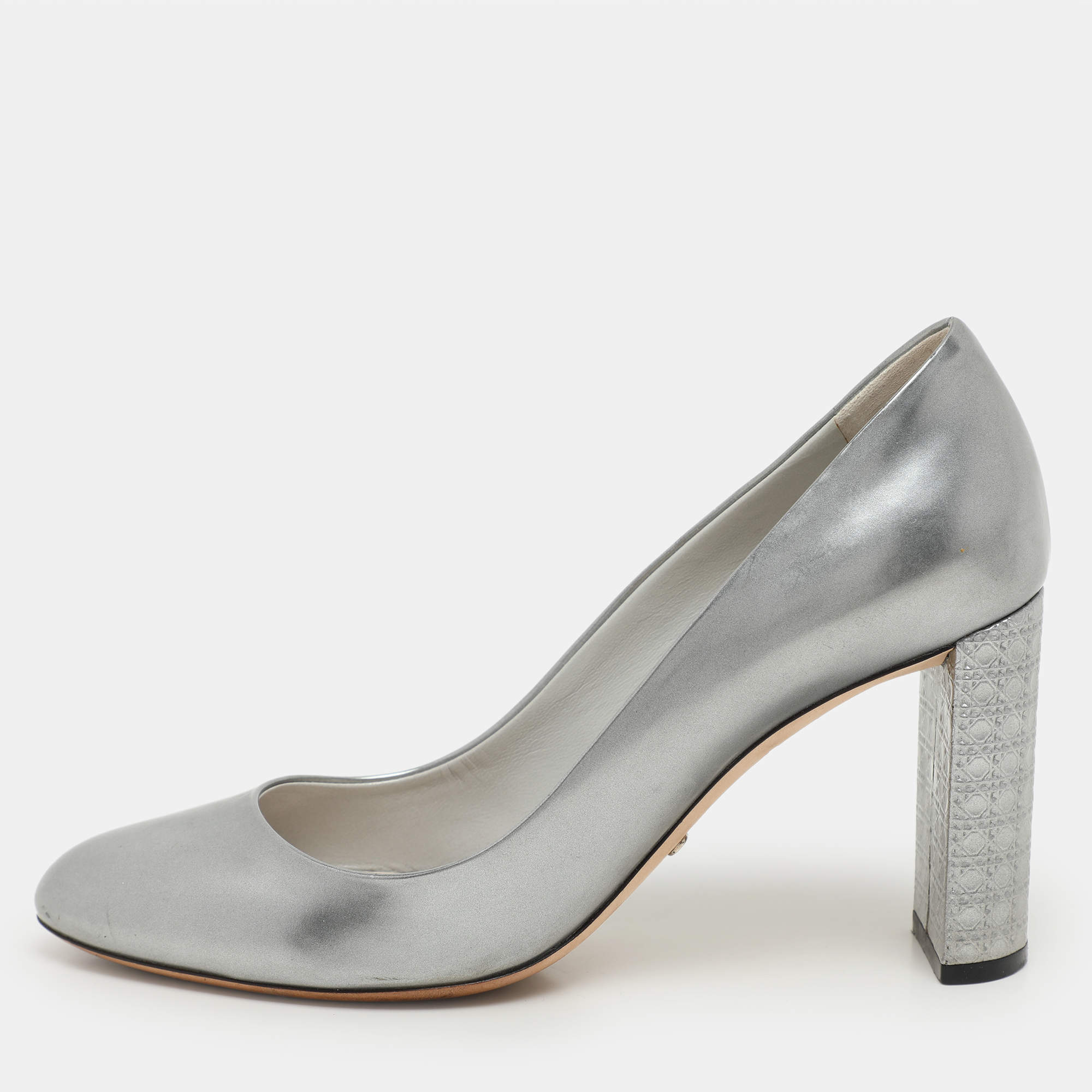 Dior Silver Leather Microcannage Block Heel Pumps Size 36.5