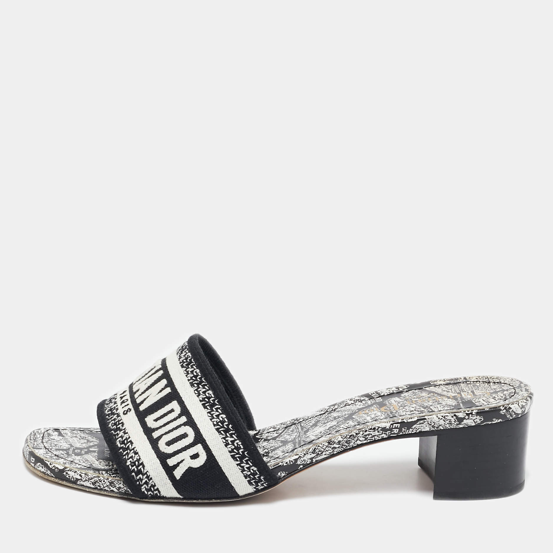 Pre Owned Dior Black/White Embroidered Canvas Dway Slide Sandals Size 37.5