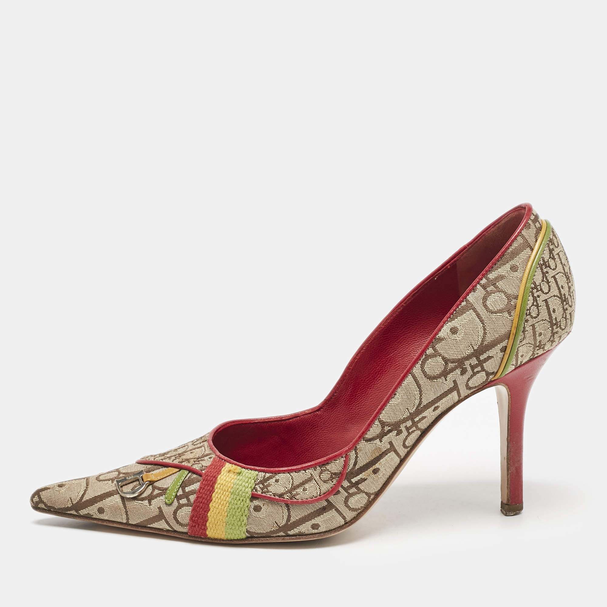 Dior Beige/Red Diorrisimo Fabric Pointed Toe Pumps Size 37