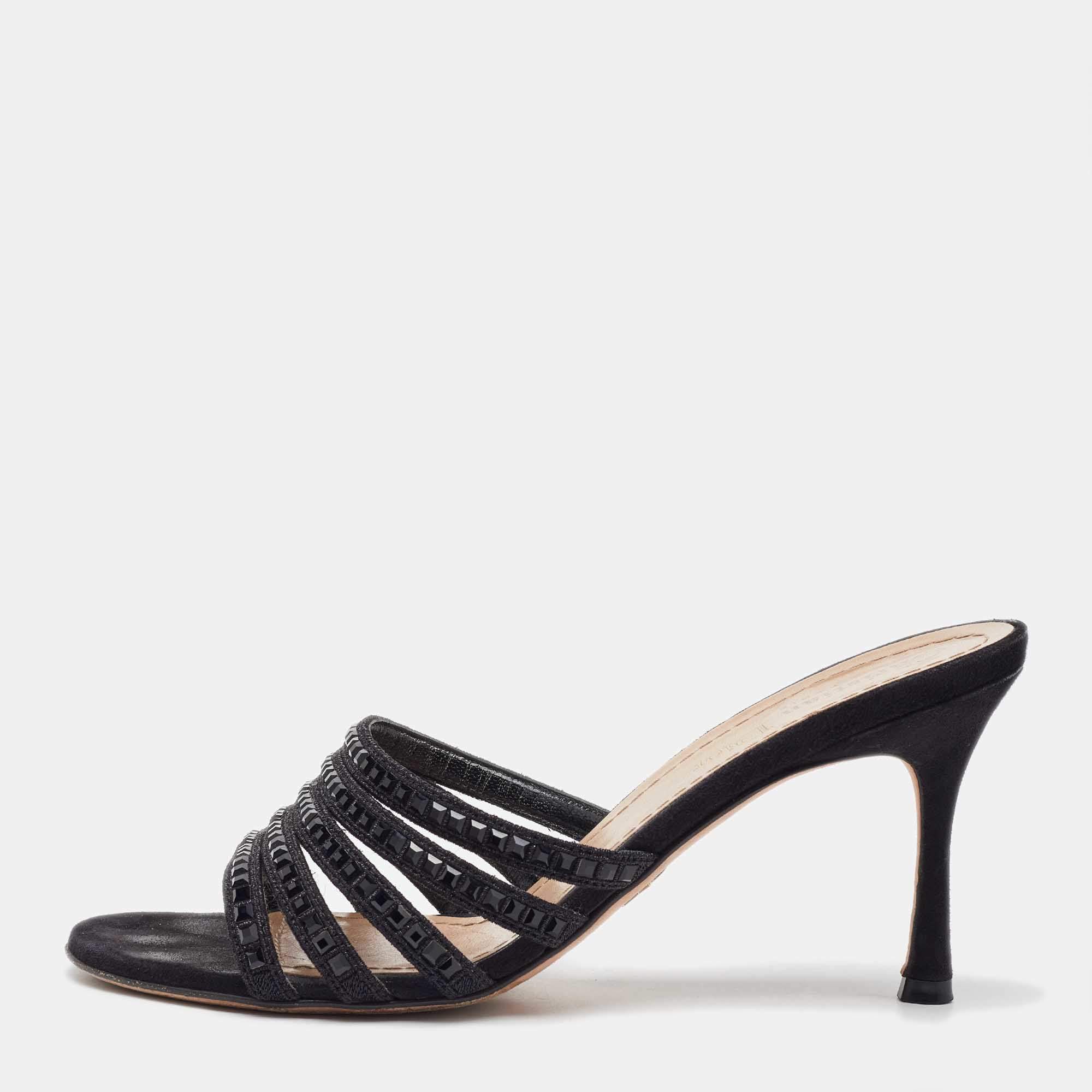 Dior Black Suede Crystal Embellished Slide Sandals Size 37