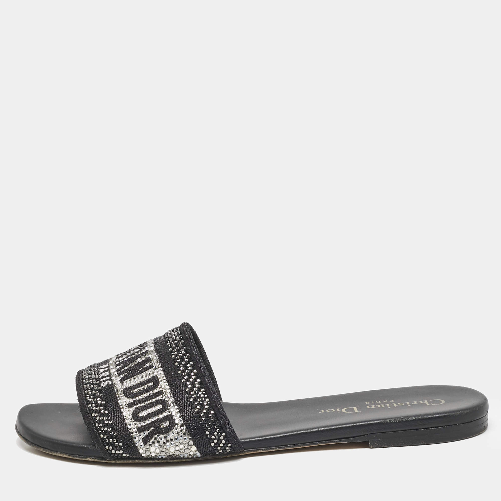 Dior Black/Silver Canvas Crystal Embellished Dway Flat Slides Size 37