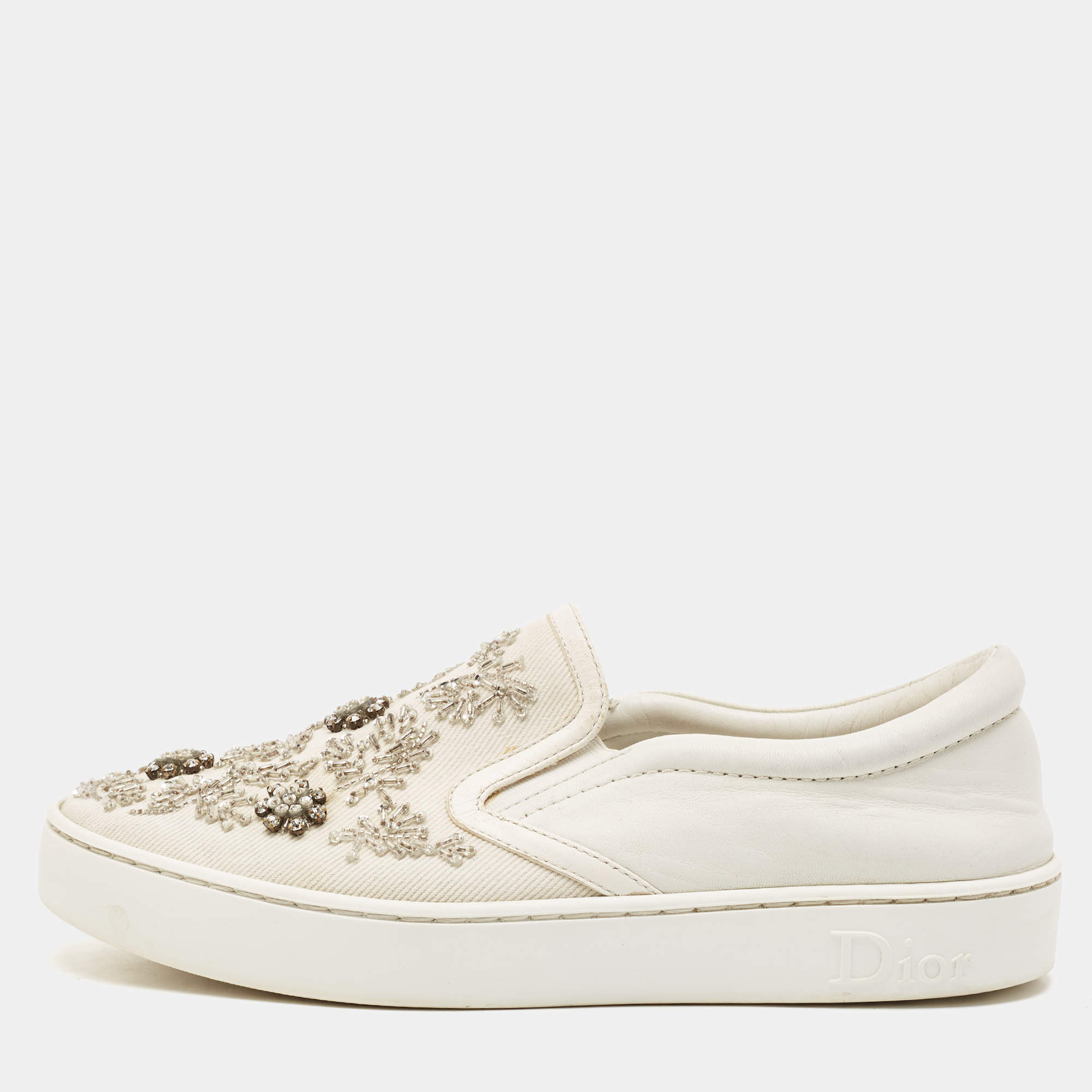 Dior White Denim And Leather Happy Crystal Embellished Slip On Sneakers Size 37