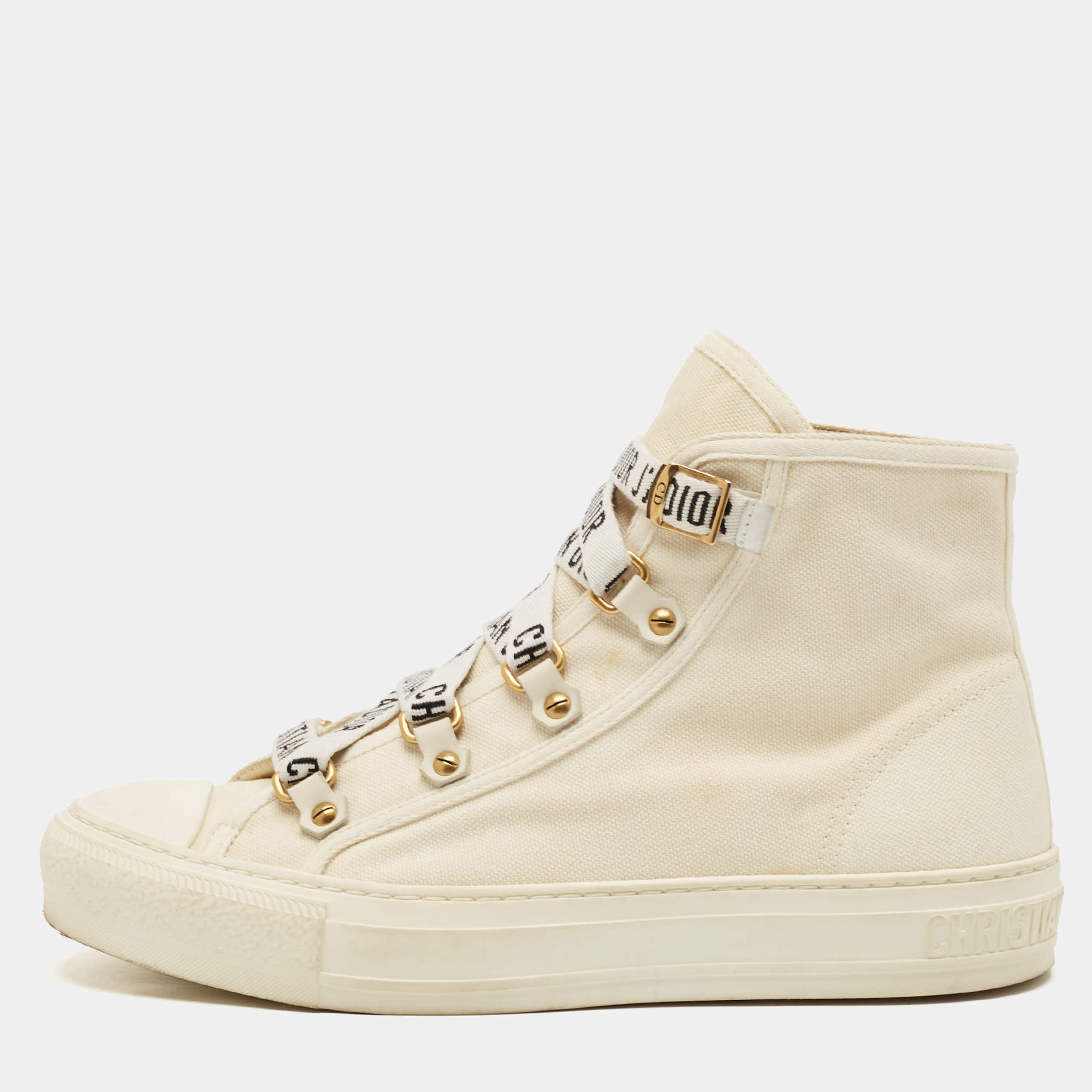 Pre Owned Dior White Canvas Walk'n'Dior High Top Sneakers Size 39.5