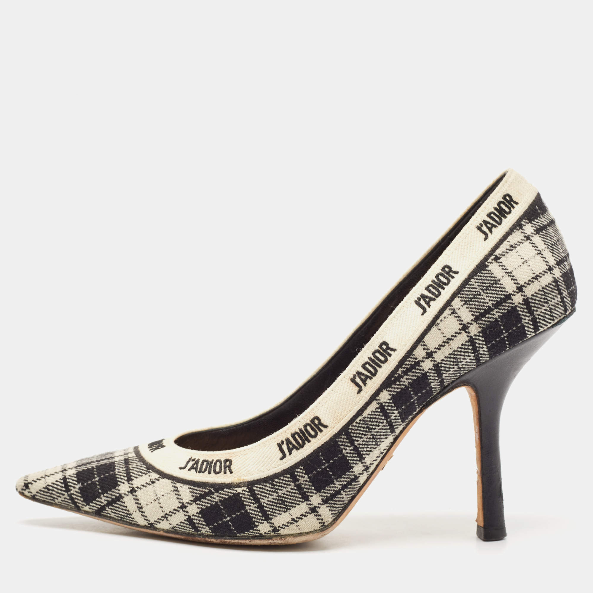 Dior Black/White Tartan Print Canvas J'Adior Ribbon Embroidered Pointed Toe Pumps Size 39